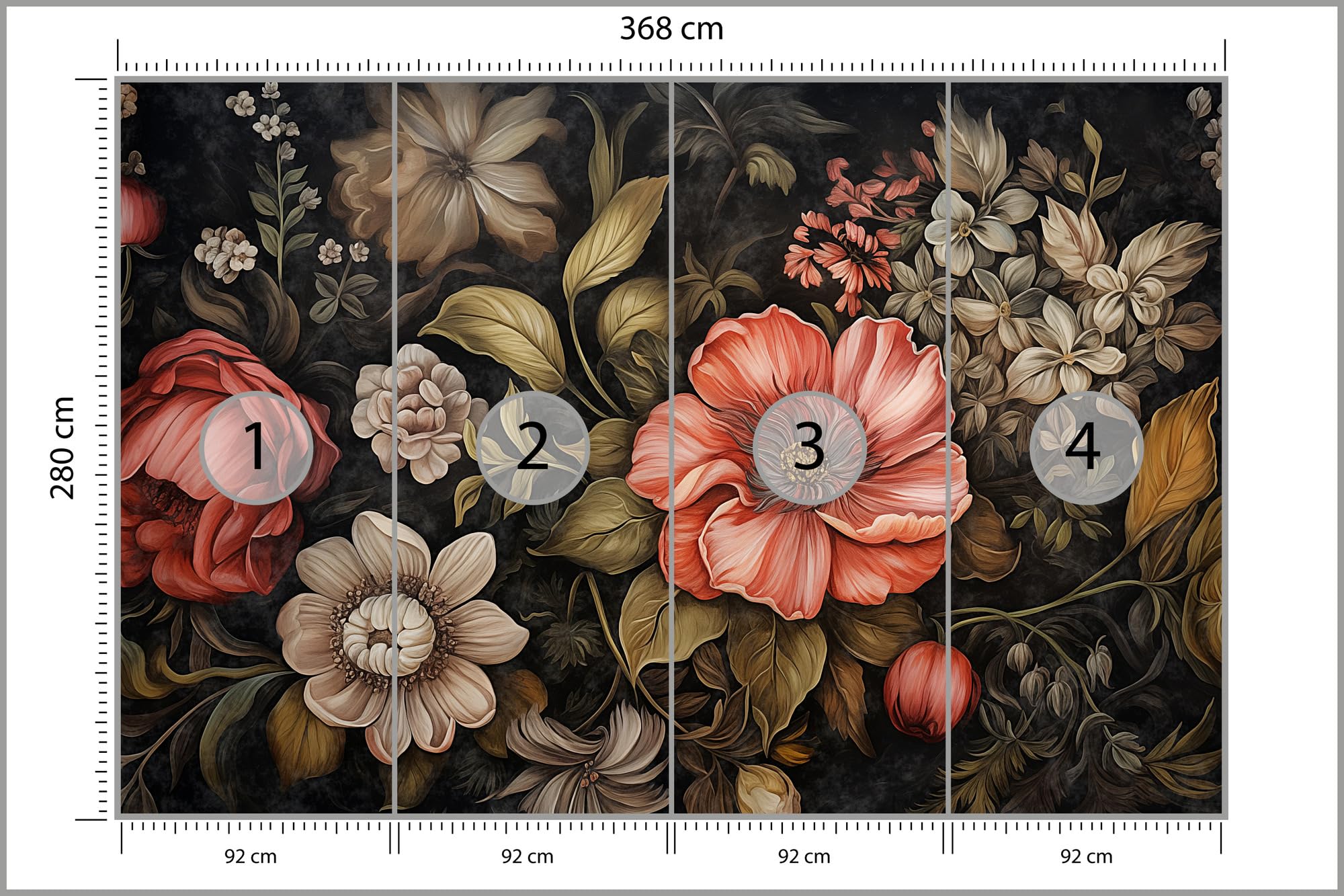 Muralo - Tapeta 3D z włókniny - fototapeta z efektem 3D - tapeta do salonu, sypialni, tapeta ścienna - fototapeta - kwiaty w stylu vintage - szer. 368 cm x wys. 280 cm