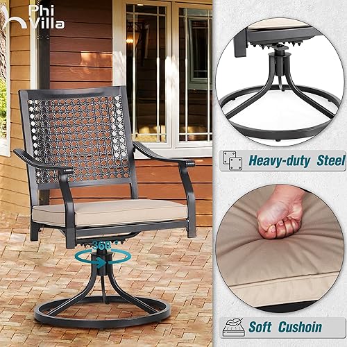 Miniatura 7 de PHI VILLA Juego de 2 sillas de comedor giratorias para patio, sillas de exterior con cojines, muebles de patio con reposabrazos, color negro