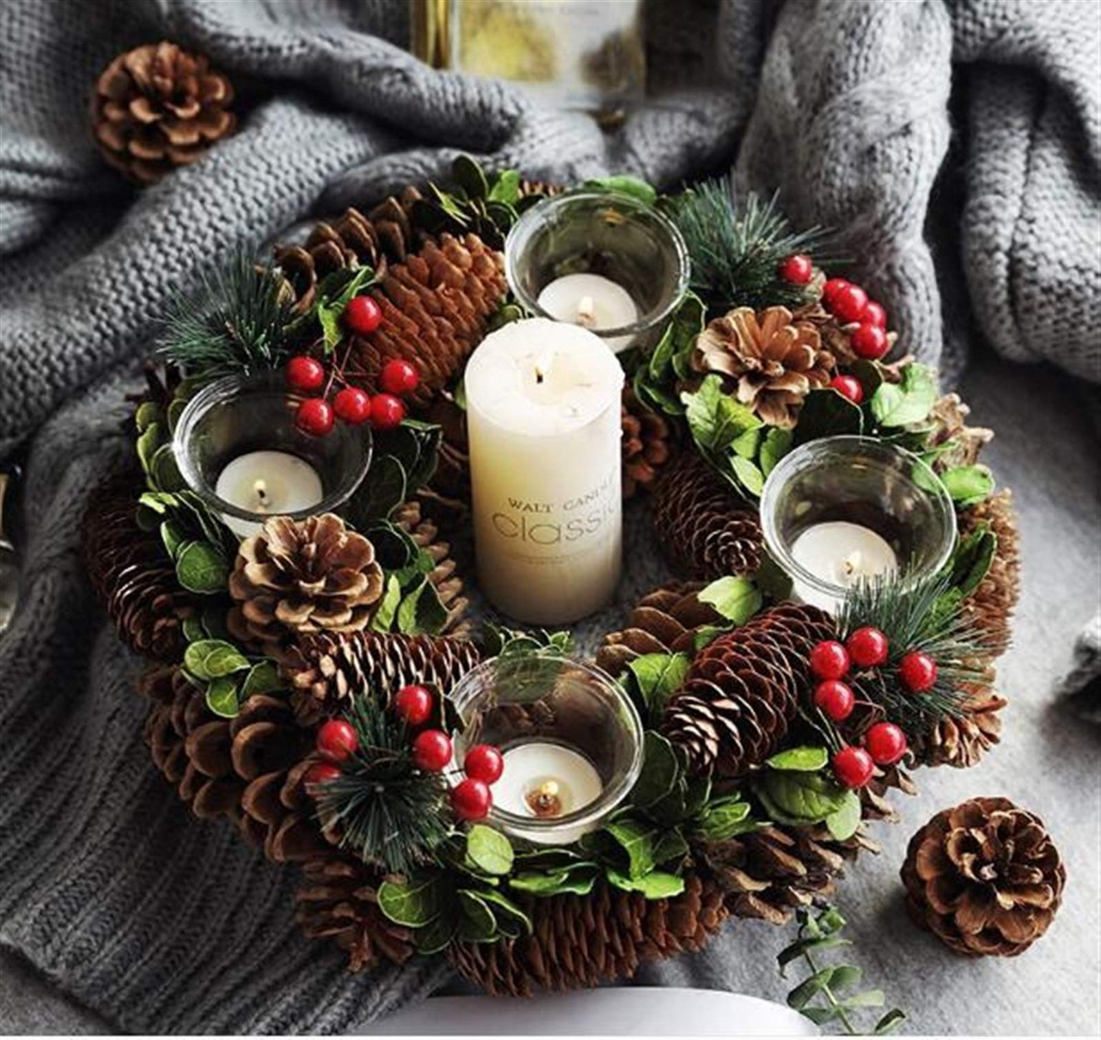 Wieniec bożonarodzeniowy Wystrój rustykalny Wianek Domowy świecznik Świąteczna ozdoba na środek stołu Wystrój stołu Natal Świeca świąteczna Pierścień Dekoracja zimowa Wień, wieniec bożonarodzeniowy