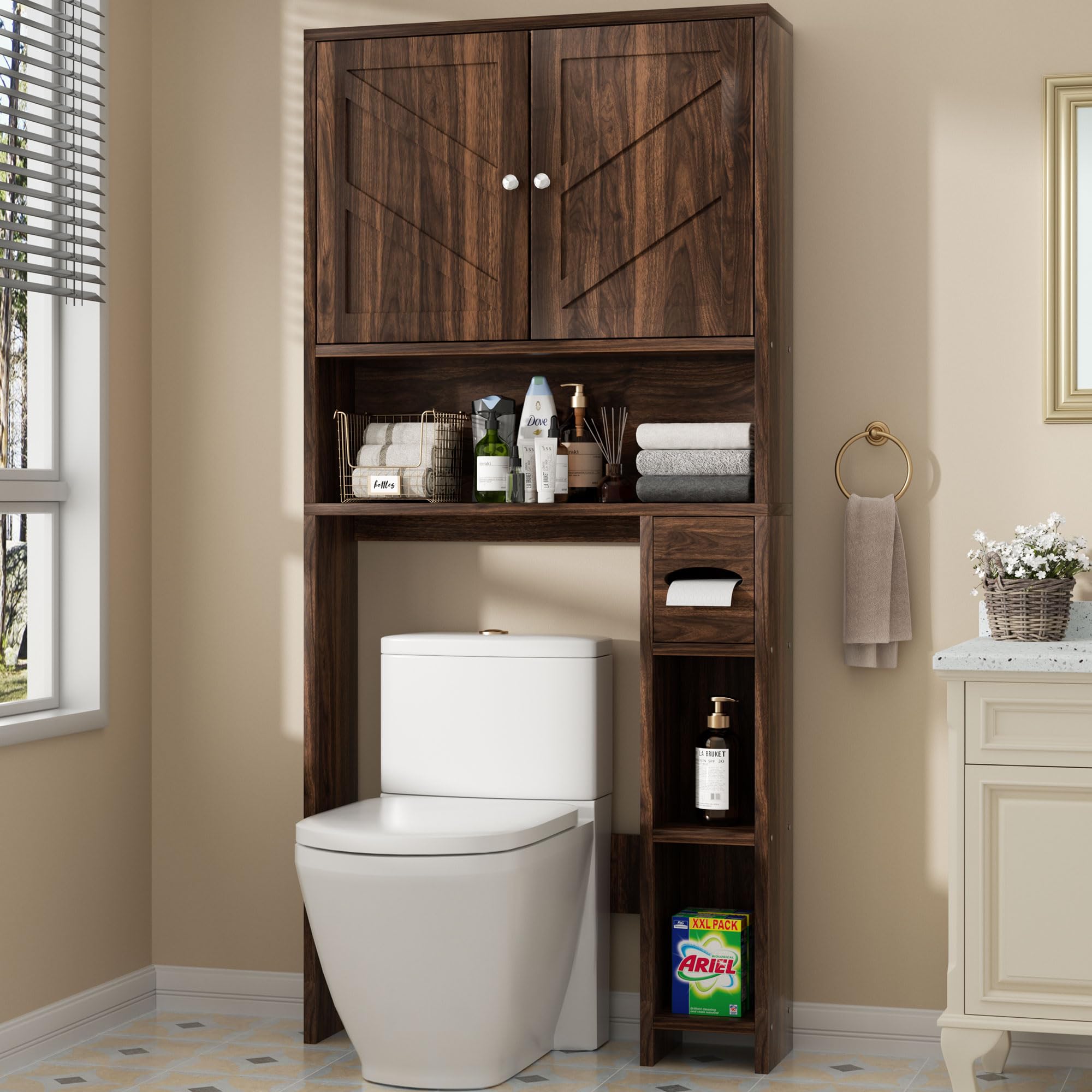 Photo 1 of ***MISSING INSTRUCTION MANUAL*** Shintenchi Over the Toilet Storage Cabinet, Bathroom Storage Cabient with Barn Doors, Bathroom Storage Shelf Organizer with Toilet Paper Holder, Adjustable Shelf and Anti-Tip Device, Walnut