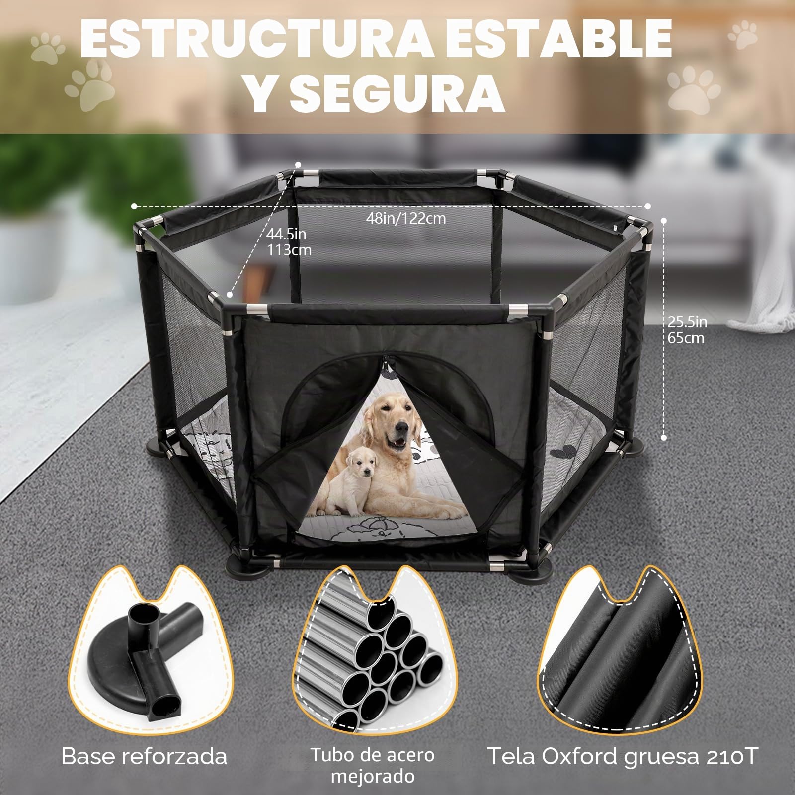 Caja hexagonal para partos extra altos + almohadilla de parto para perros grandes y pequeños, suministros esenciales para perros, cachorros, 122 x 65 cm, color negro