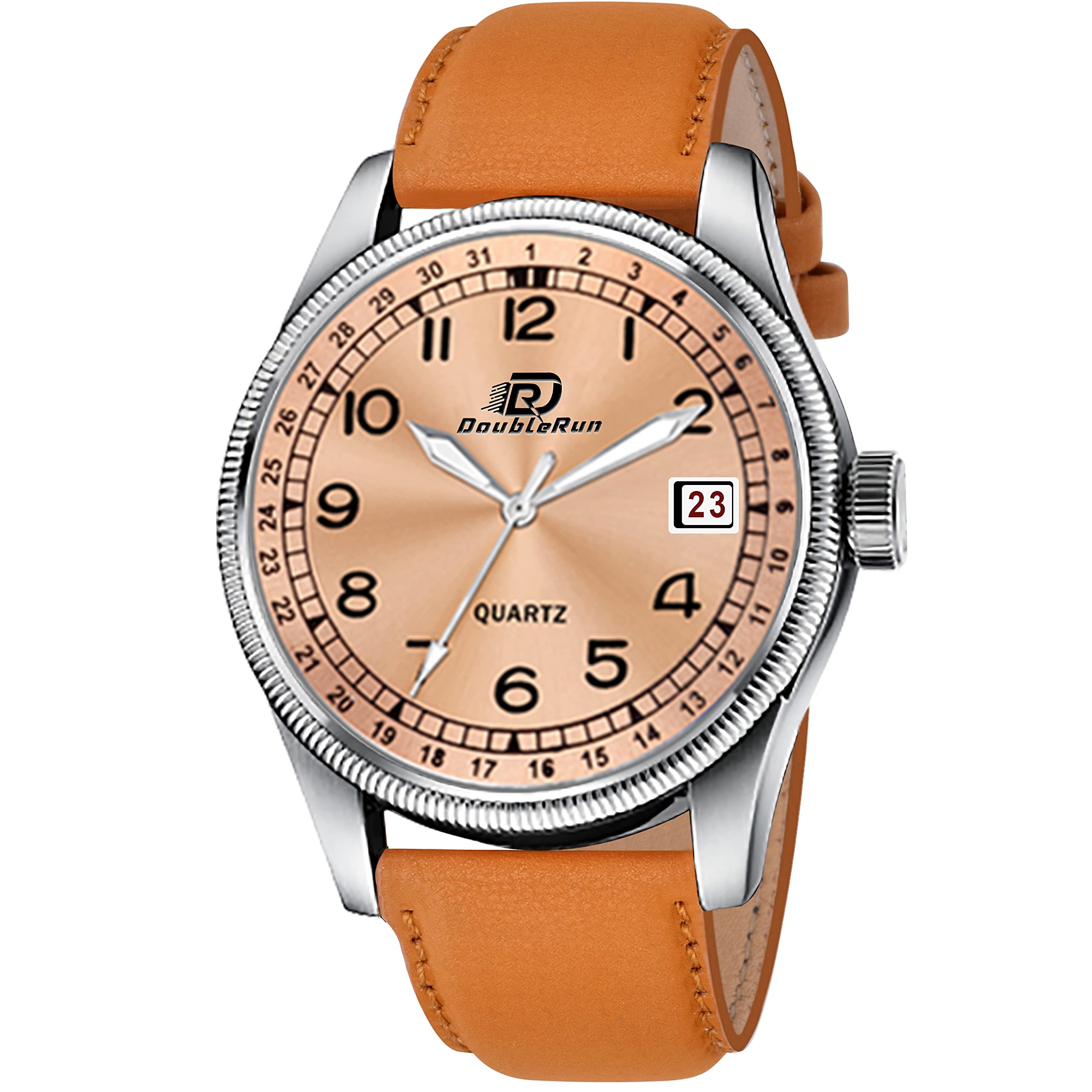 Doublerun 3D Glass Date Display Dial Leather Strap Analog Watch - for Men (Peach) (B09BYW611X) Amazon Price History, Amazon Price Tracker