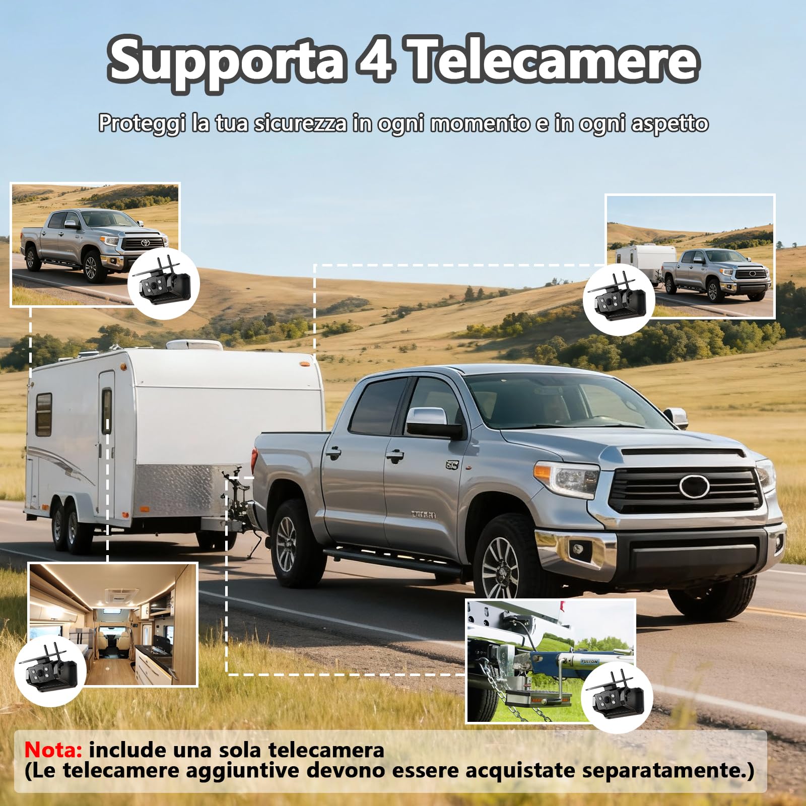 Solare Telecamera Retromarcia Wireless Magnetica, 7 Pollici 1080P Monitor 9600mAh Telecamera Posteriore, Visione Notturna, per Auto, Camion, Rimorchio, Camper(VS-7C)