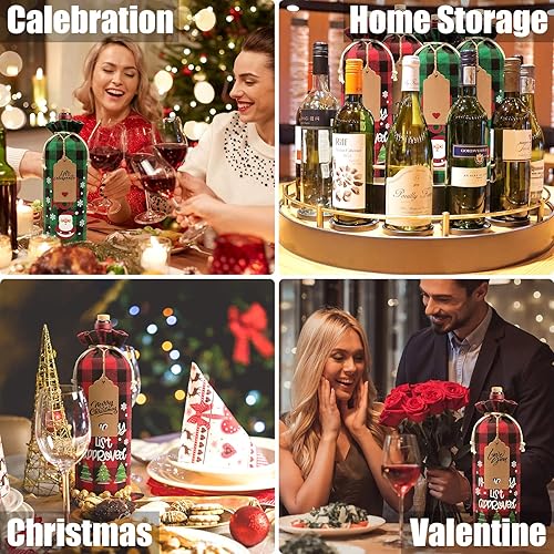 Miniatura 8 de Bolsas de vino de arpillera, bolsas de regalo de vino de Navidad, 10 bolsas para botellas de vino a cuadros de búfalo con cordón, etiqueta y cuerda,