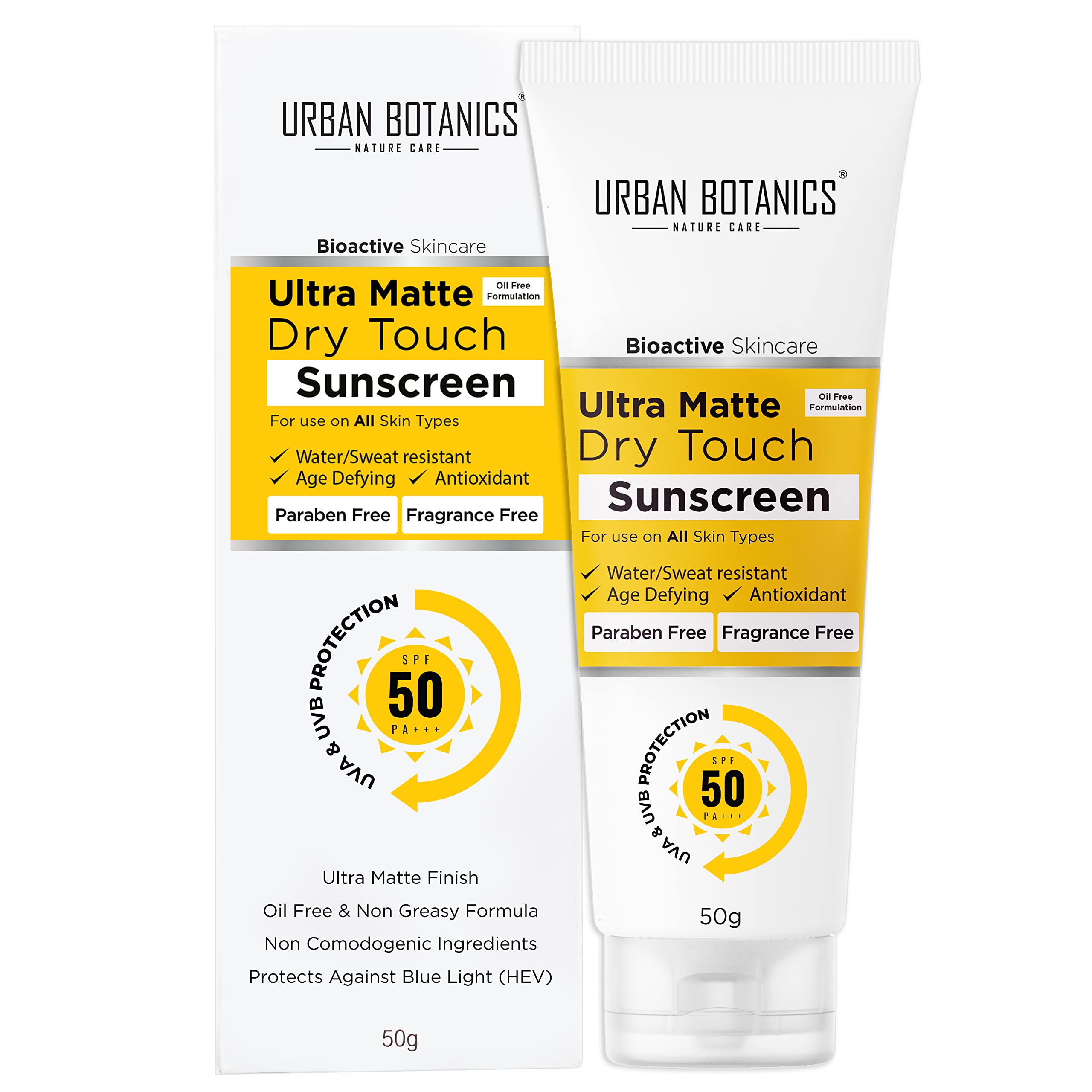 Ultra Matte Dry Touch Sunscreen SPF 50 PA+++ - Non Comedogenic - Water/Sweat Resistant - Protect against Blue Light, UVA/UVB Rays - Men & women - For Normal, Oily & Acne Prone Skin, 50g