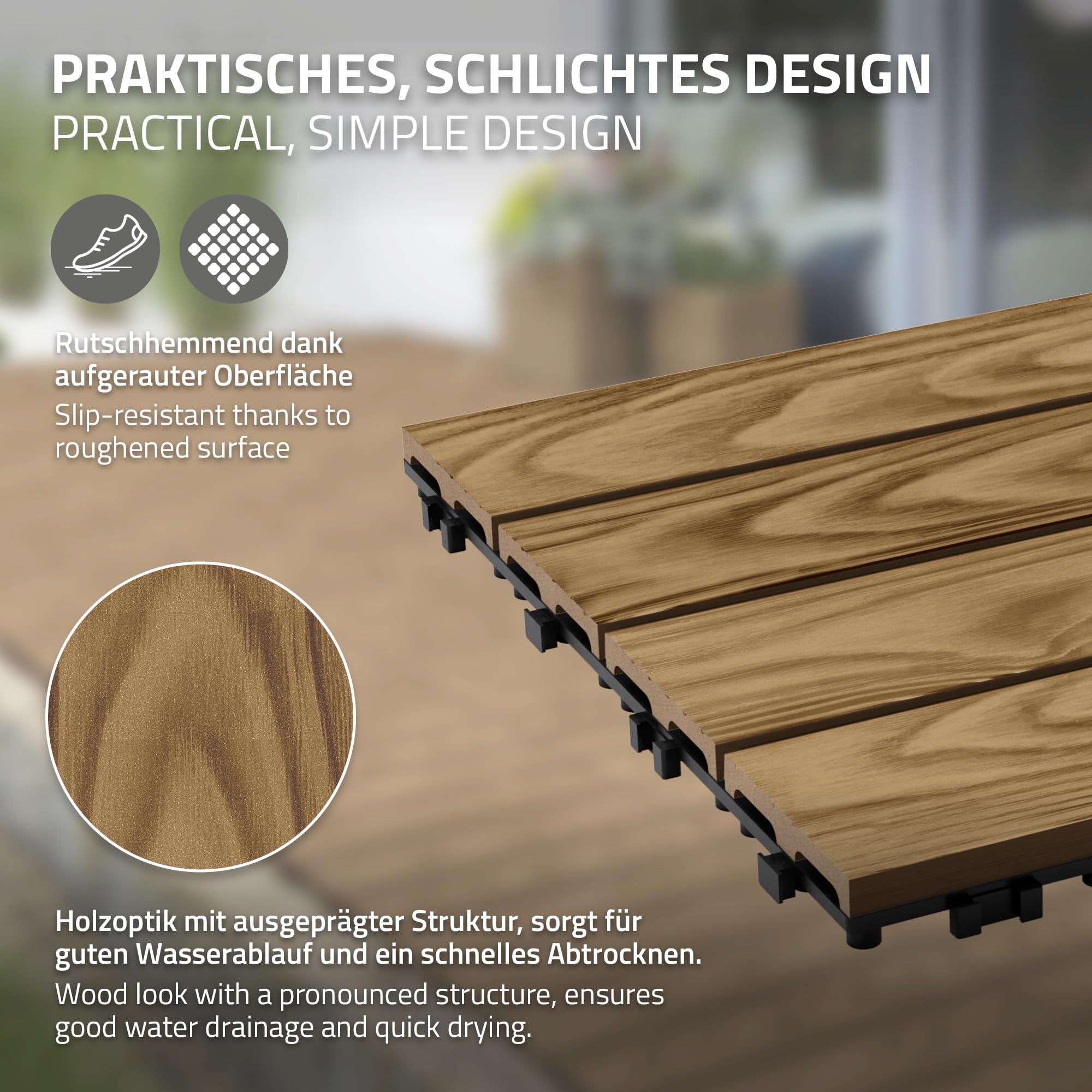 ECD Germany WPC Terrassenfliesen 30x30 cm/55 Stück=5m², Teak in Holzoptik, Bodenbelag mit Klicksystem und Drainage, Terrassendielen Balkonfliesen Holzfliesen, Klickfliesen für Terrasse, Garten, Balkon