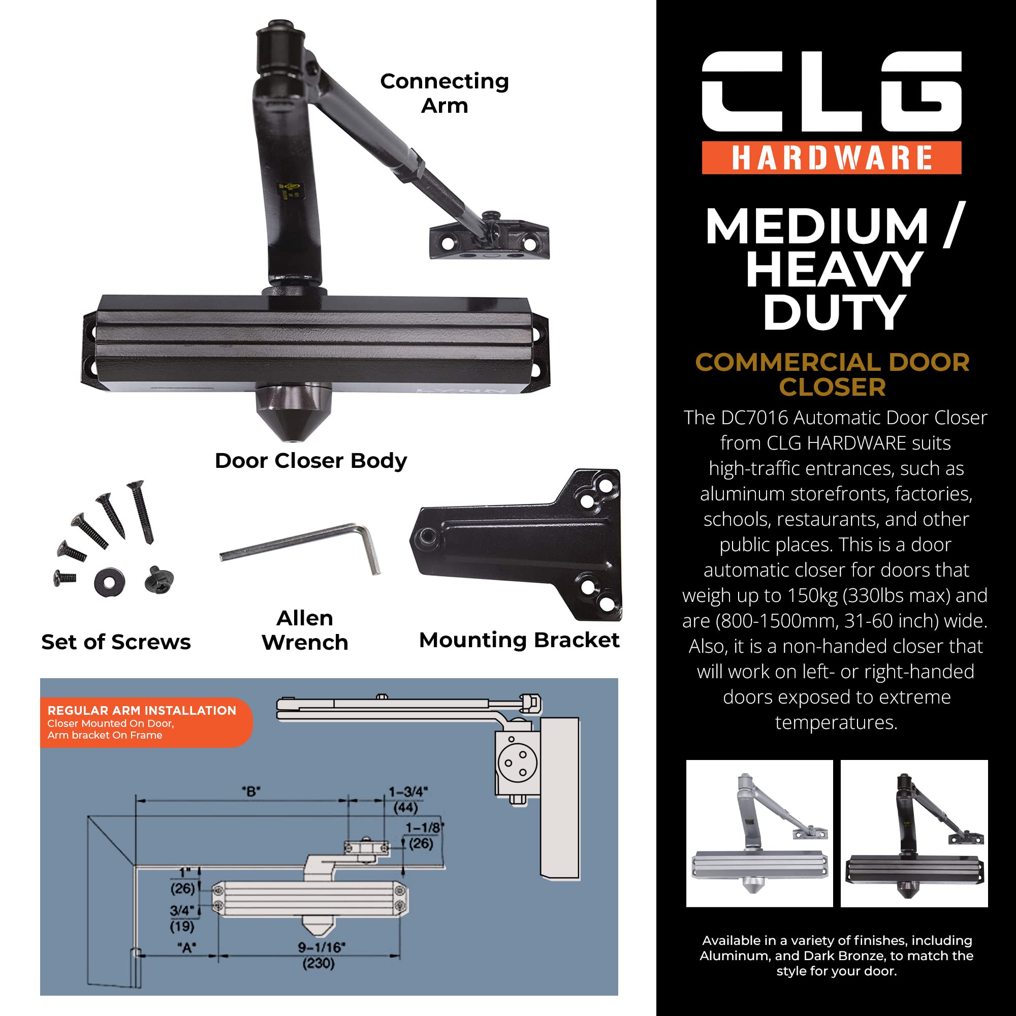 CLG HARDWARE Medium/Heavy Duty Commercial Door Closer DC7016, Surface Mounted, Grade 1- ADA & UL 3 Hour Fire Rated - Image 3