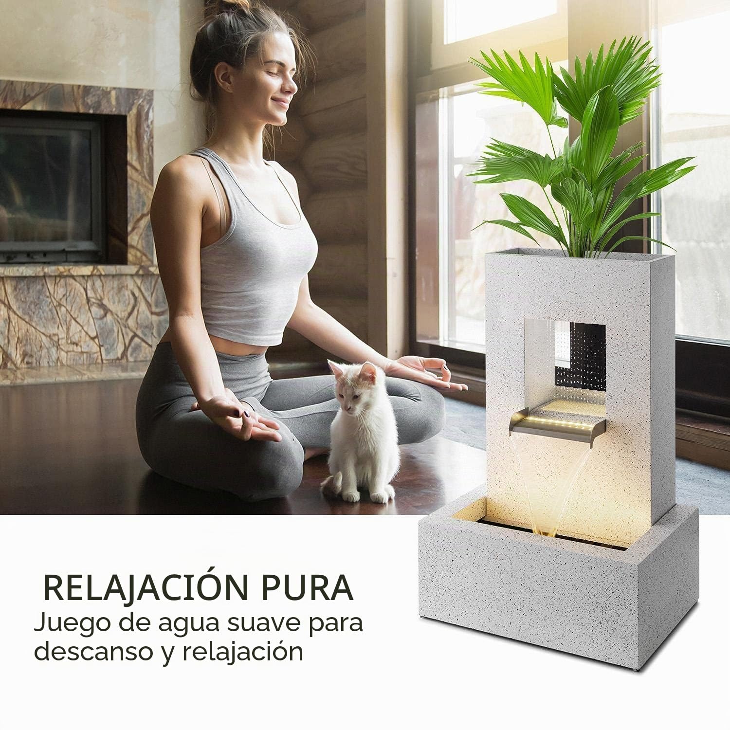 blumfeldt Bloomingstone - Fuente Decorativa, Maceta en Parte Superior, para Interiores y Exteriores, Potencia 20 W, hasta 1200 L/h, Circuito Cerrado, Iluminación LED, Zinc, 51 x 83 x 35 cm, Blanco