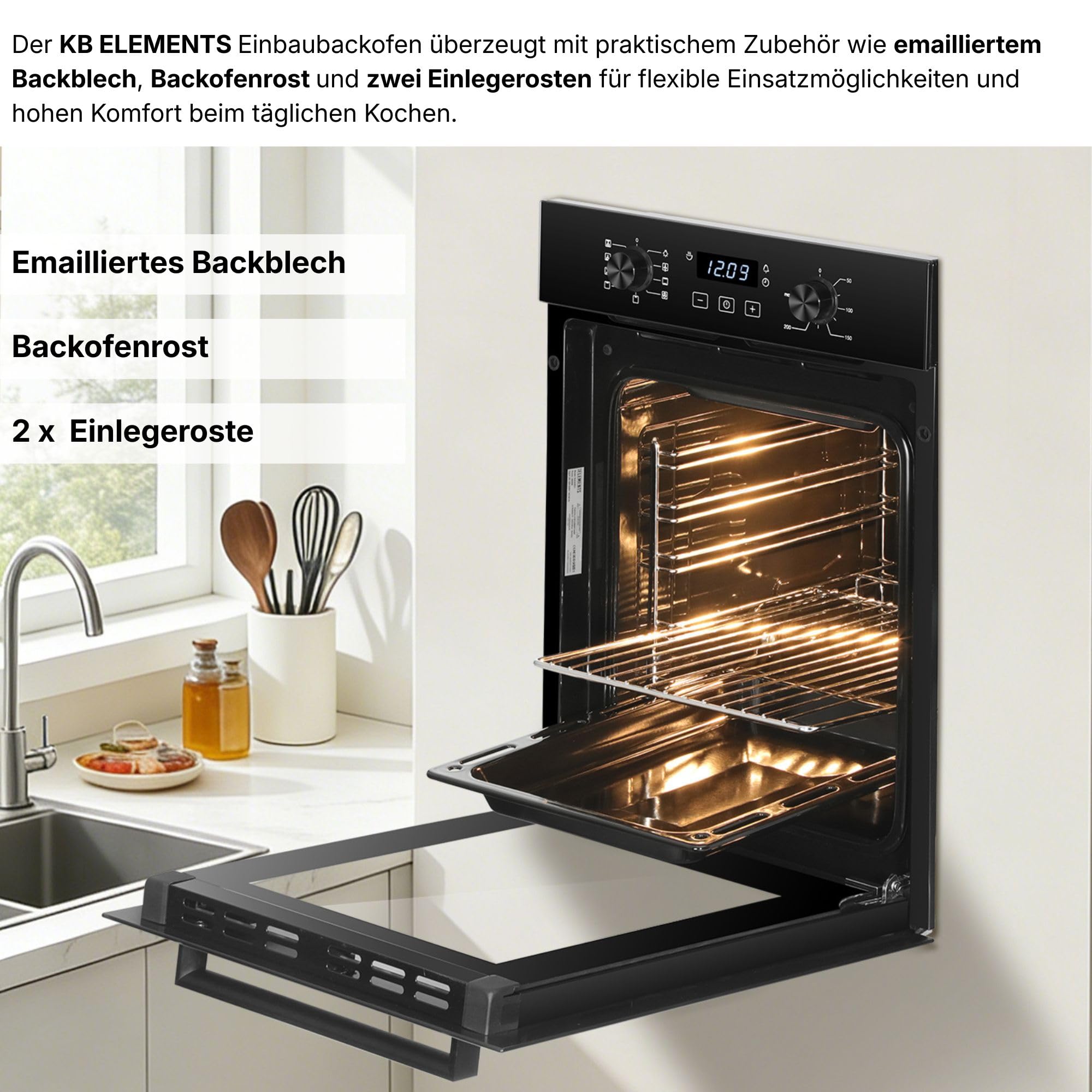 Einbaubackofen 45 cm - Backofen 45 cm breit, 50 Liter, Aqua Clean, Circle Fan Heater, Wide-Screen-Window, versenkbare Drehknebel