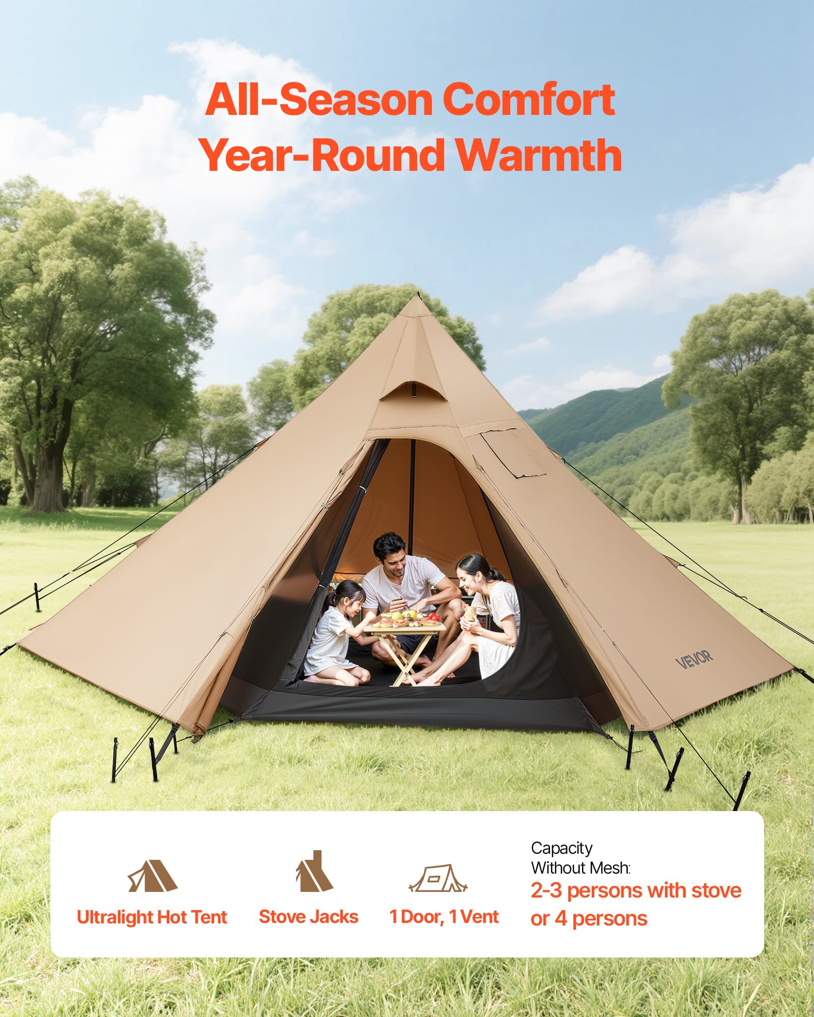 VEVOR Tente Chaude Tipi pour 4 Personnes, Tente d'Hiver Portable avec Trou de Poêle et Maille Intérieure, Toile Imperméable Revêtement PU2500 mm, Abri 4 Saisons, pour Camping, Randonnée, Pêche, Chasse