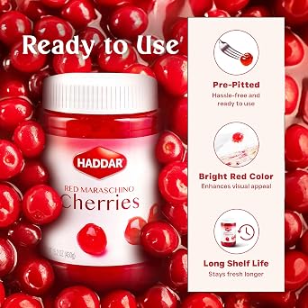 Haddar Red Maraschino Cherries, 15.2 oz | Old Fashioned Cocktail Cherries | Sweet & Vibrant Cherries for Dessert Garnish, Baking, Drinks
