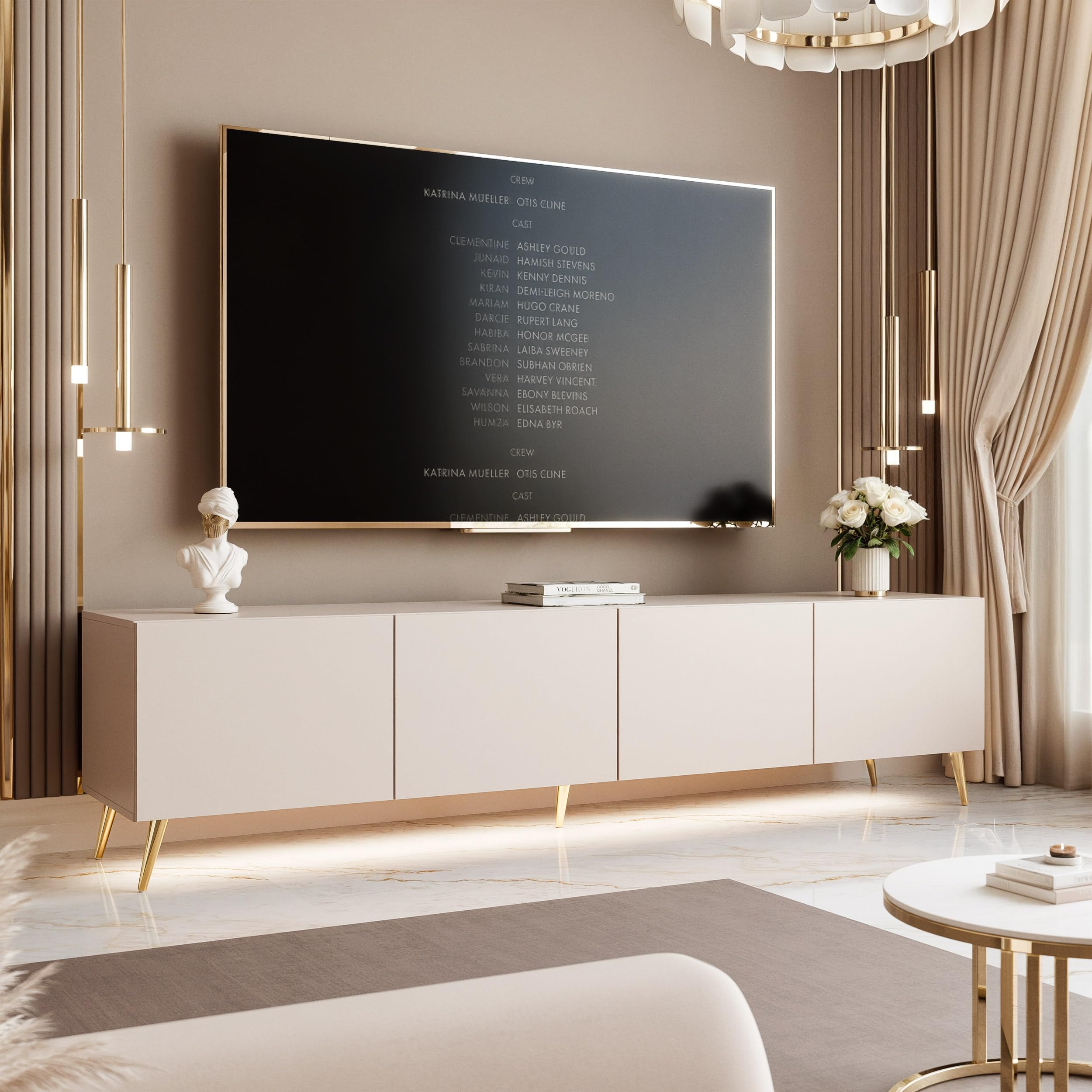 100/200/300 cm LED Meuble TV Cachemire avec Rangement et LED - Meuble TV Mural avec 4 Compartiments Spacieux
