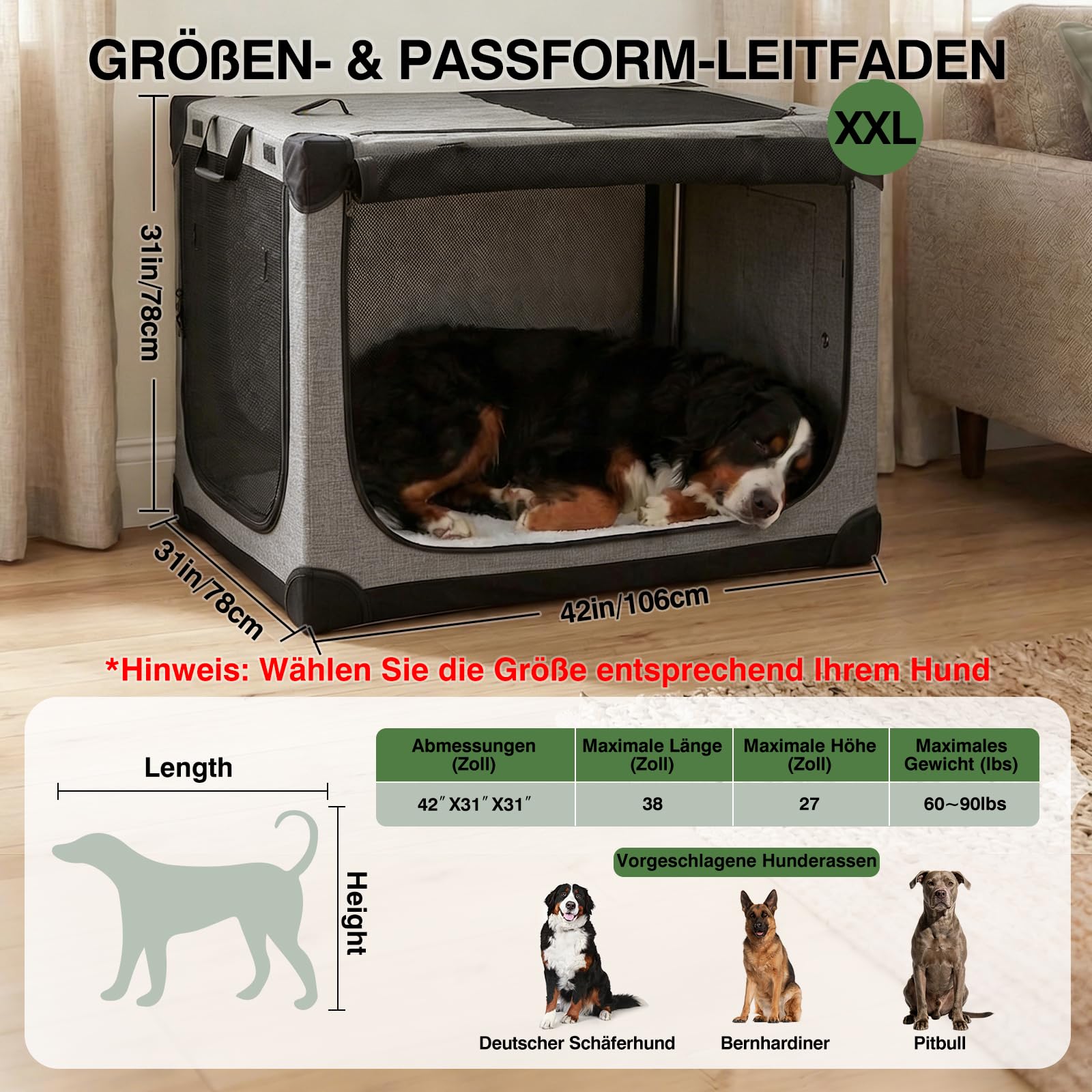 derimkcoa 106 * 78 * 78CM Hundebox faltbar, Hundetransportbox Auto für große Hunde bis 36 kg, tragbare Soft-Hundebox mit reißfesten Netzfenstern, Plüschmatte und Tragetasche,Grau