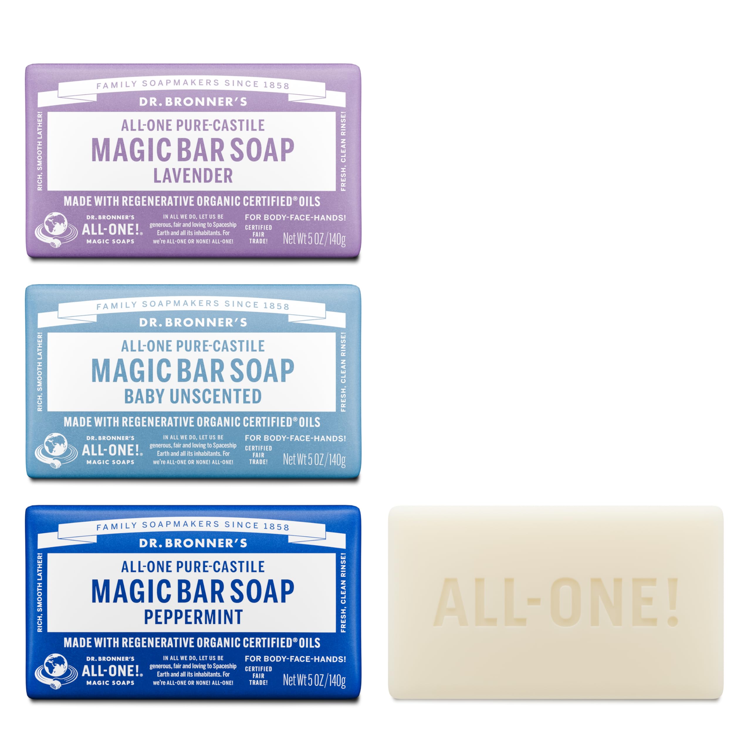 Dr. Bronner's Pure-Castile Magic Bar Soap- Made with Regenerative Organic Certified Oils- For Face, Body, Hair, Vegan Soap Bars for Men & Women- Variety 3-Pack, Peppermint Lavender, Unscented