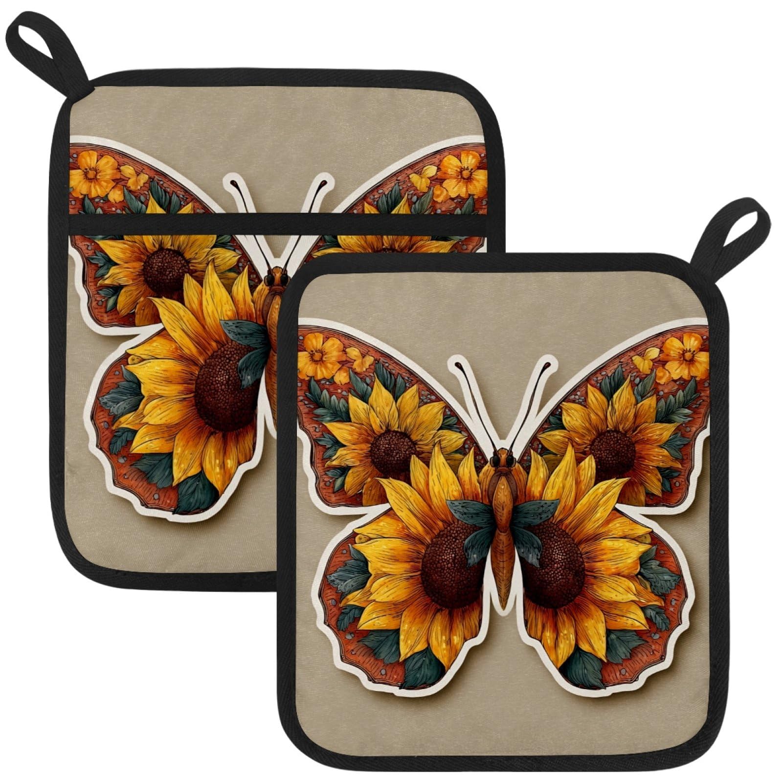 VAPOKF Sunflower Butterfly Heat Resistant Pot Holders, Thick Pot Holders Pad with Hanging Loop for Kitchen, Oven Cloth Pads for Kitchen Baking Microwave Oven