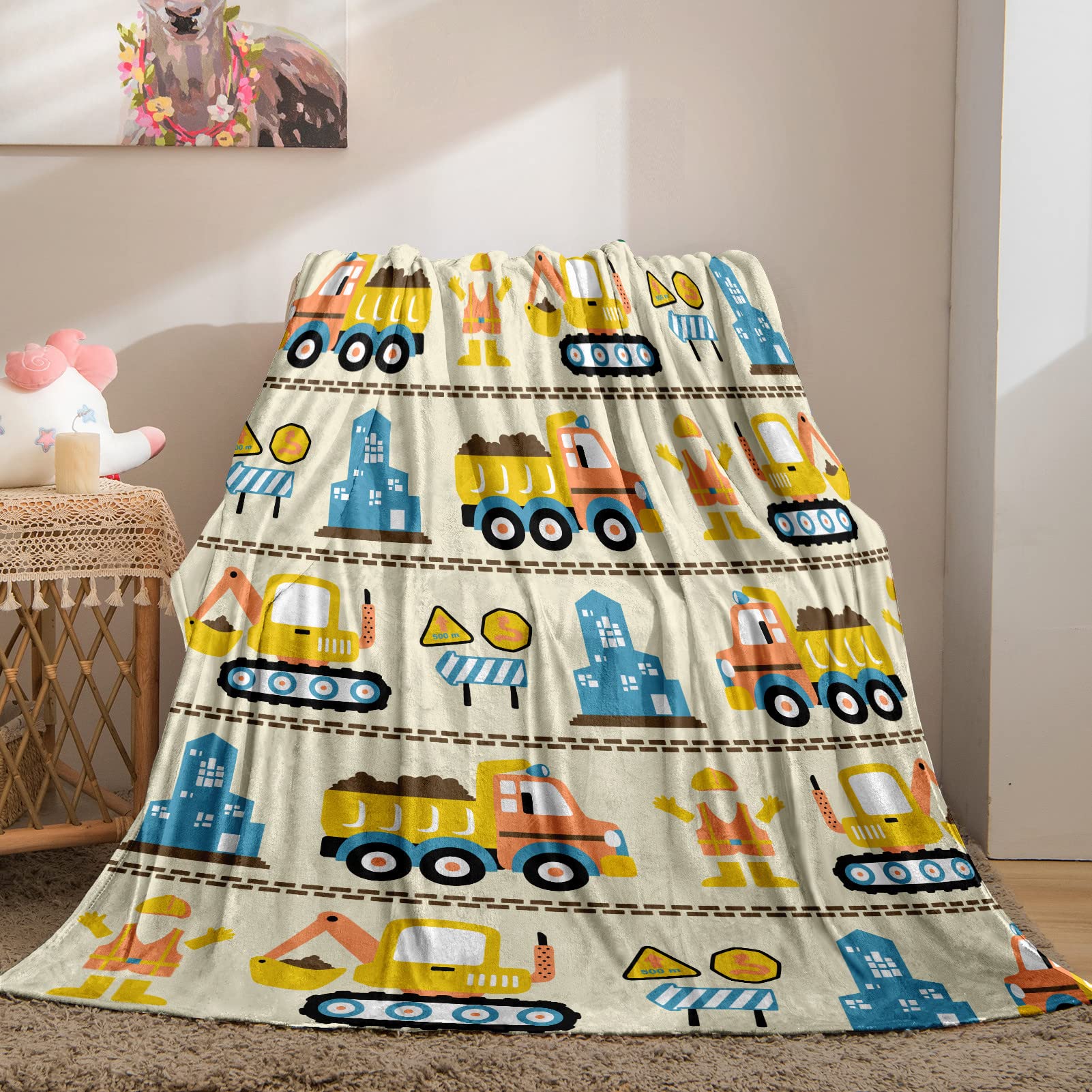 YUANZU Truck Blanket Throw, Kids Boys Excavator Worker Uniform Building Print Pattern Soft Cozy Flannel Blanket, Warm Lightweight Plush Throw Couch Sofa Bed Cover, Gifts for Nursery Baby 60x80 inch