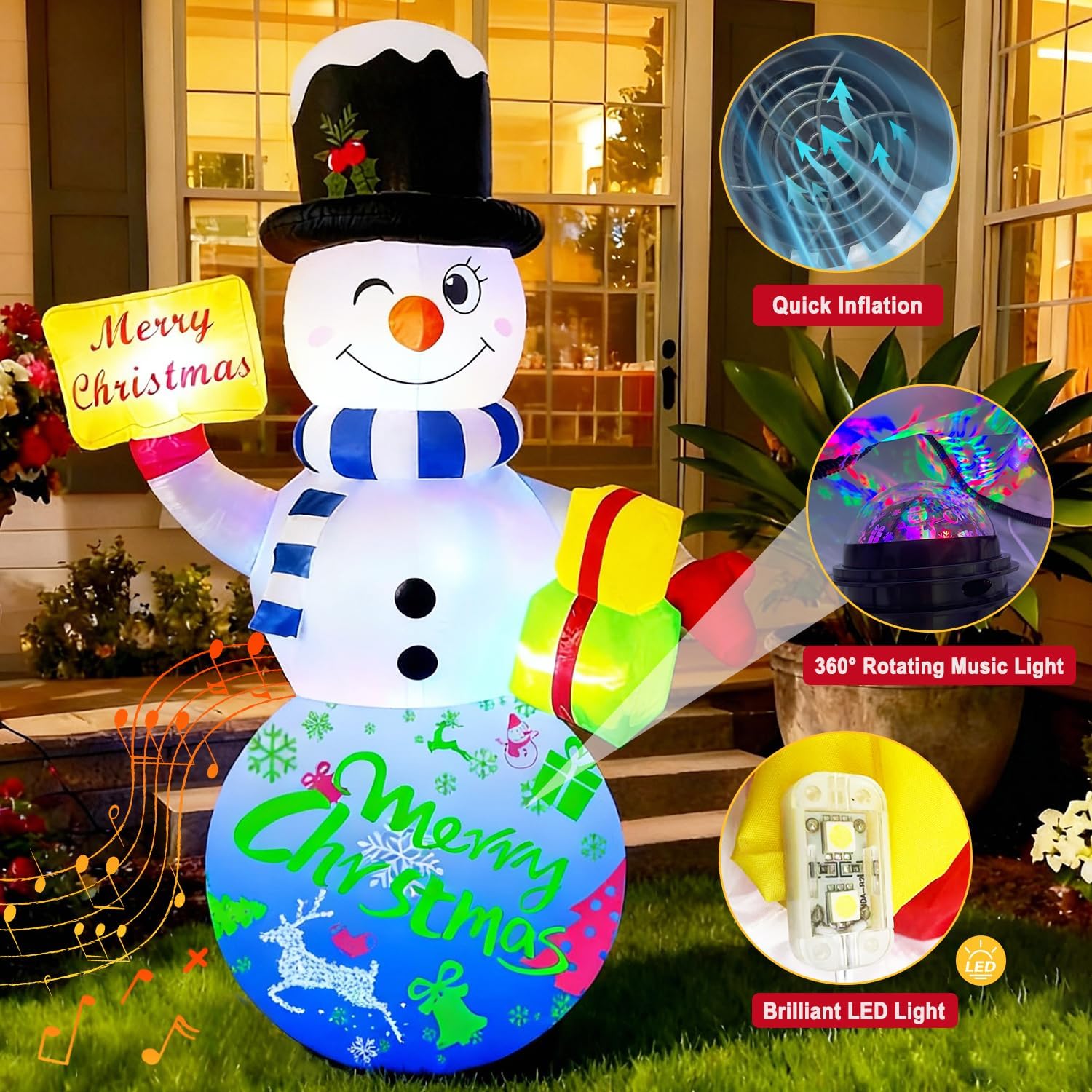 6FT Christmas Inflatables Snowman Outdoor Christmas Decorations Blow Up Snow Man Decor Built-in Rotating Music Box LED Light Wear Magic Hat for Indoor Yard Holiday Party Garden Xmas New Year