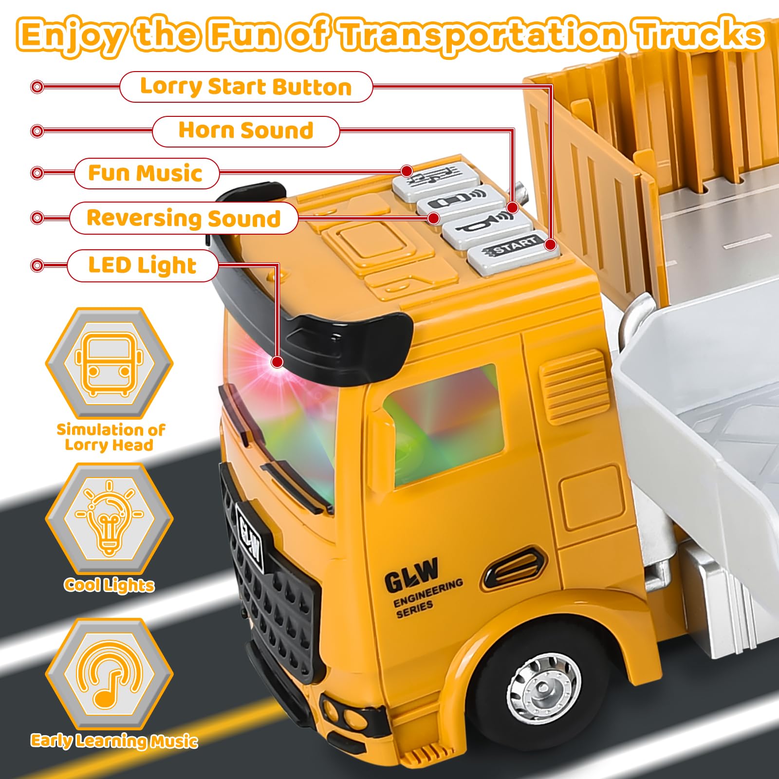FORMIZON Camion Giocattolo per Bambini, Veicoli da Cantiere con Musica e Luci, 6 Mini Veicoli, Gru Giocattolo Gialla
