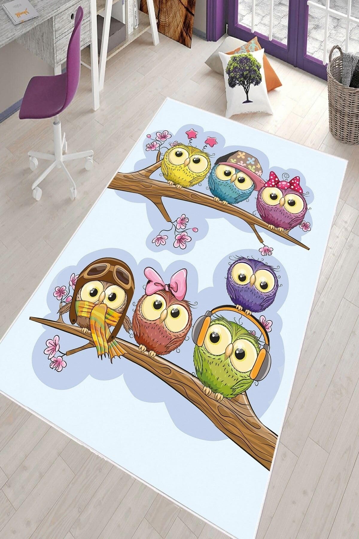 Pelangi Lila Kuş Desenli Çocuk Yıkanabilir Kaymaz Taban Leke Tutmazbebek Ve Çocuk Odası Halısı, Lila 80 x 50