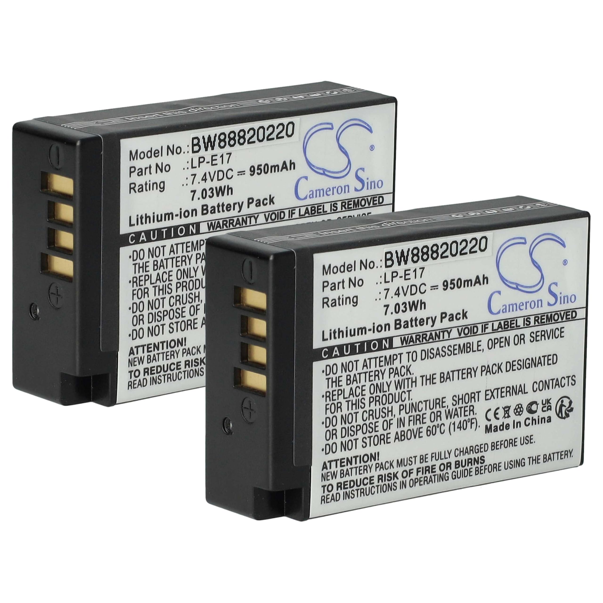 vhbw 2x batteria sostituisce Canon LP-E17 | per fotocamera (950mAh, 7,2V, Li-Ion)