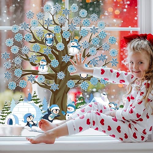 Miniatura 7 de Glenmal 85 piezas de decoración de tablón de anuncios de invierno, recortes de papel del país de las maravillas para aula, copos de nieve, muñeco de