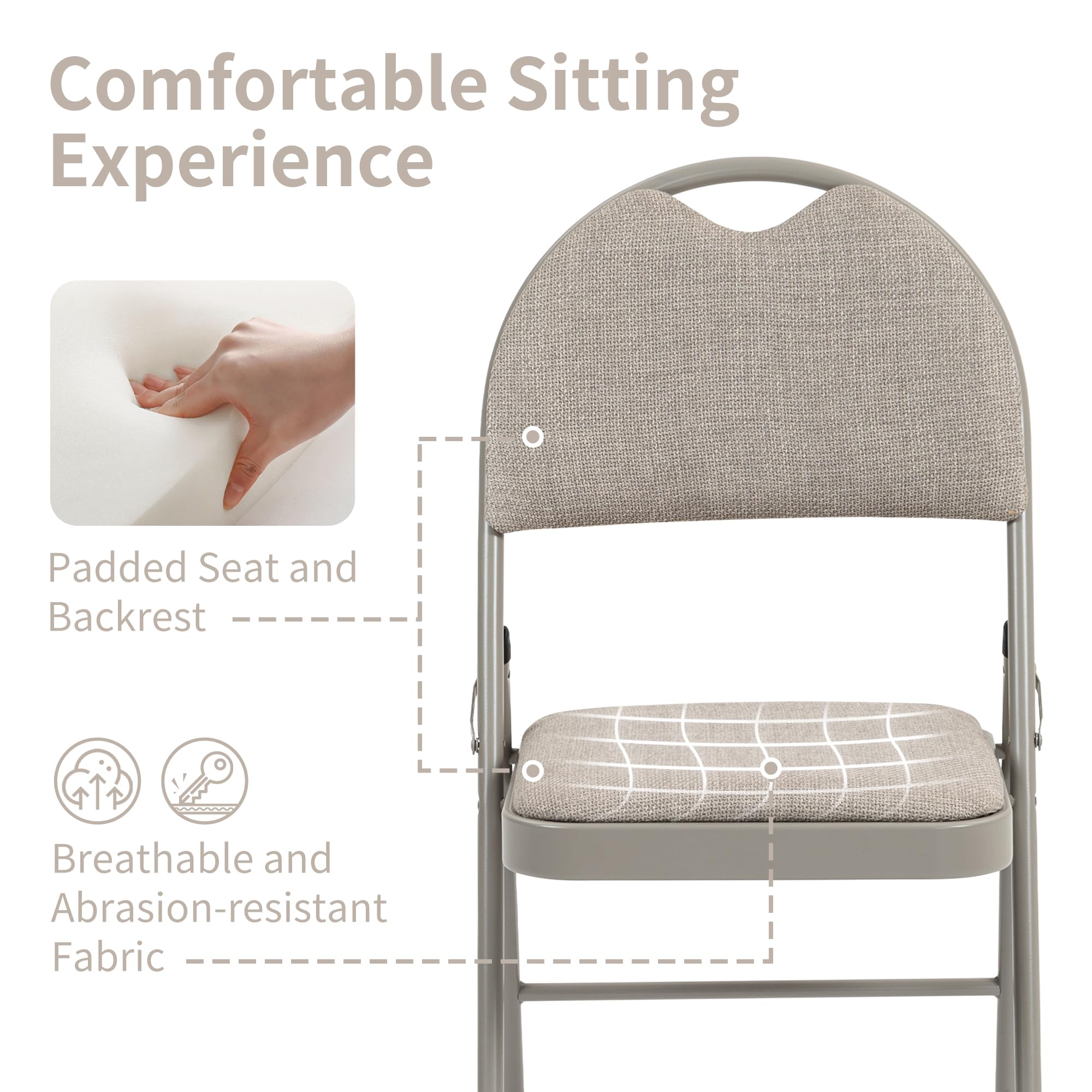 HOMEFUN Folding Chairs with Cushion Padded Foldable Chair 6 Pack Portable and Assembled Fold Dining Seat for Guests Kitchen Office Wedding Party Khaki