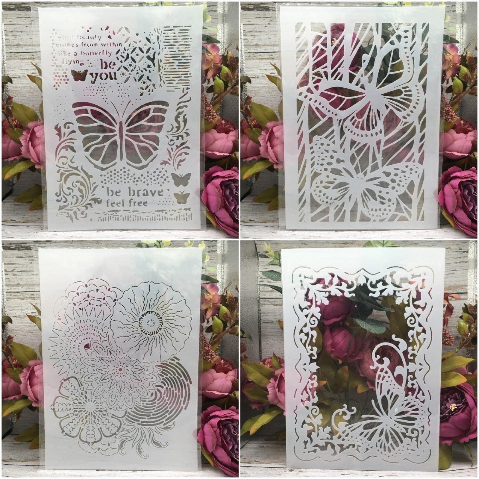 4 stencil rotondi A4 da 29 cm, con cornice a farfalla, per dipingere su legno, stencil riutilizzabili per la decorazione della casa, stencil e modelli fai da te per segni, artigianato, arte