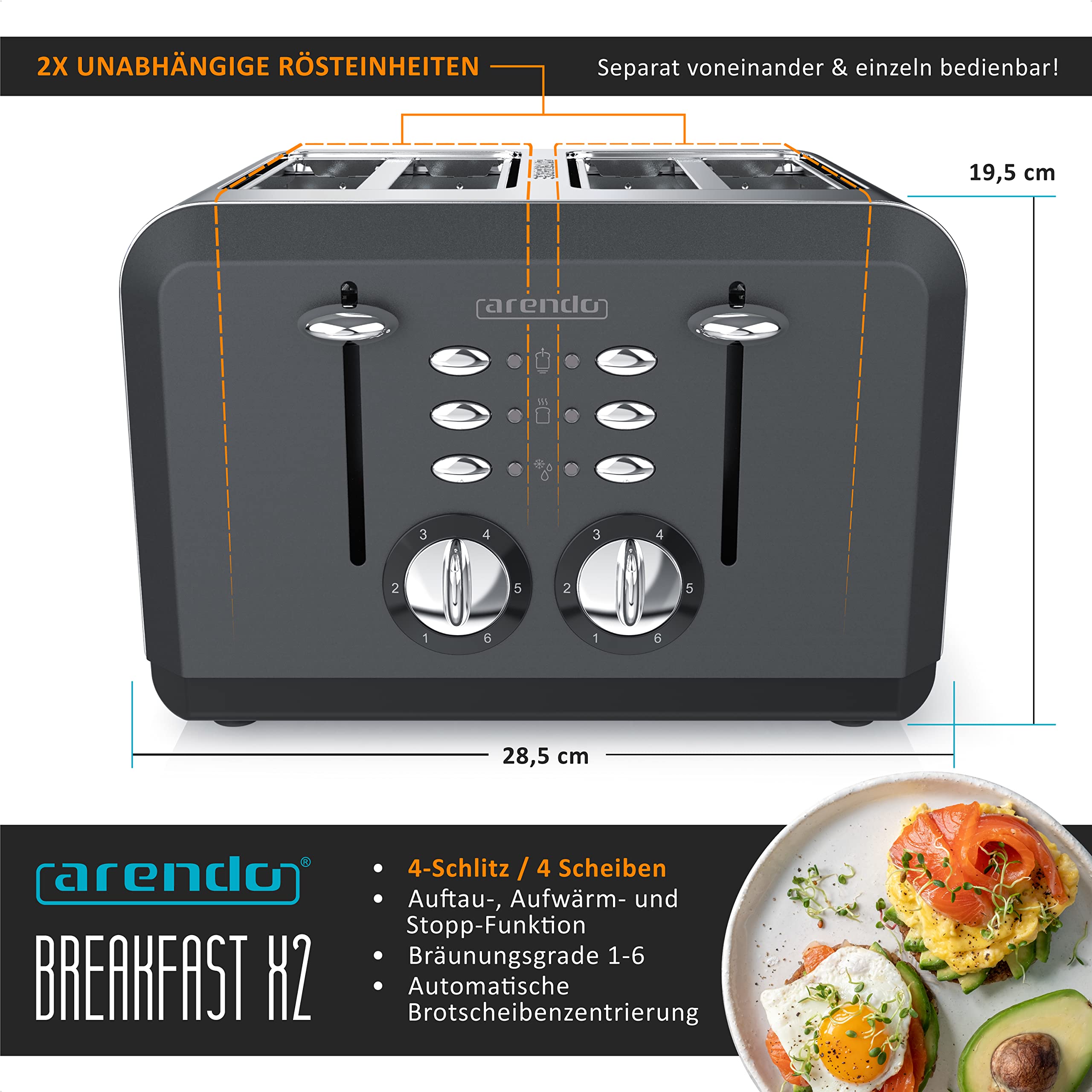 Arendo - Automatik Toaster 4 Scheiben in Edelstahl, bis zu vier Sandwich und Toast-Scheiben, Bräunungsgrad 1-6, Aufwärm und Auftaufunktion, Krümelschublade, 1630 W, GS zertifiziert
