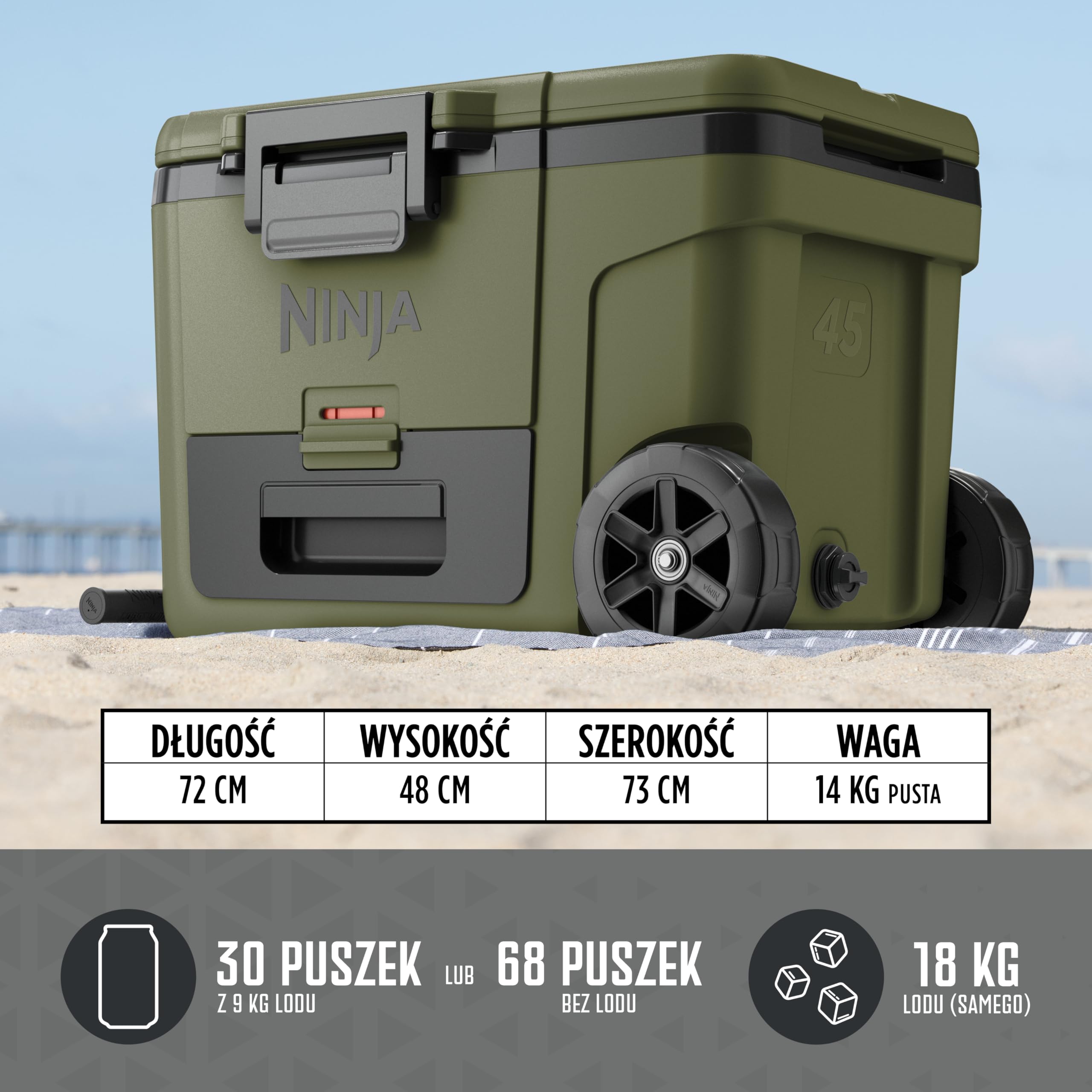 Ninja FrostVault Wytrzymały izolowany pojemnik chłodzący z butelką Ninja Thirsti i wkładem chłodzącym, wysokiej jakości lodówka na kółkach ze zintegrowaną do przechowywania, oliwkowy, FB245AMZEUUKGN