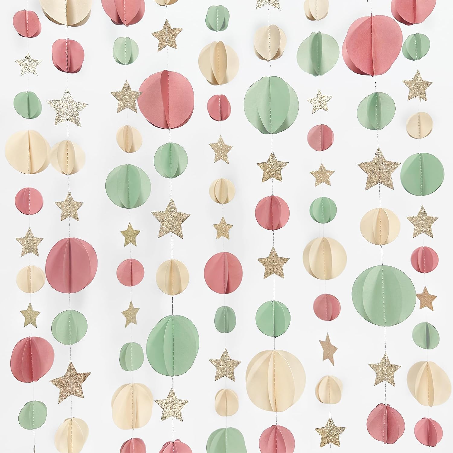 Champagne Gold Sage Green Dusty Rose Pink Beige 3D Polka Dot Star Hanging Streamer Circle Dot Star Banner Garland for Girl Wild Safari Jungle Woodland Birthday Party Decorations Supplies