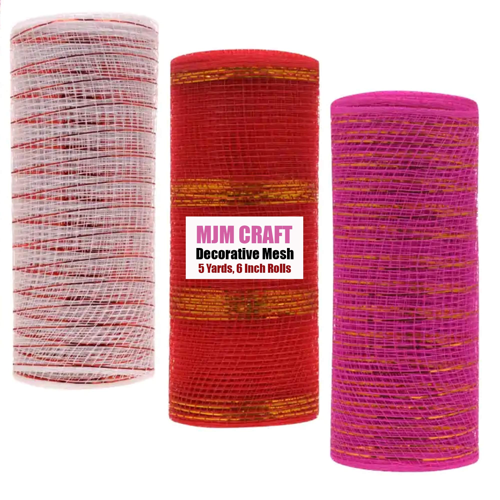 Valentine Day Decorative Mesh | Mixer of Red, Pink & White | Pack of 3, 5 Yards, 6 Inch Rolls | DIY Craft, Home, Decor, Handmade Supplies (Valentine)