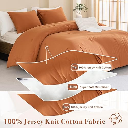 Miniatura 3 de Sanracie Juego de edredón de algodón de punto de jersey, tamaño King, color calabaza sólido, juego de edredón de 100% algodón, juego de ropa de cama