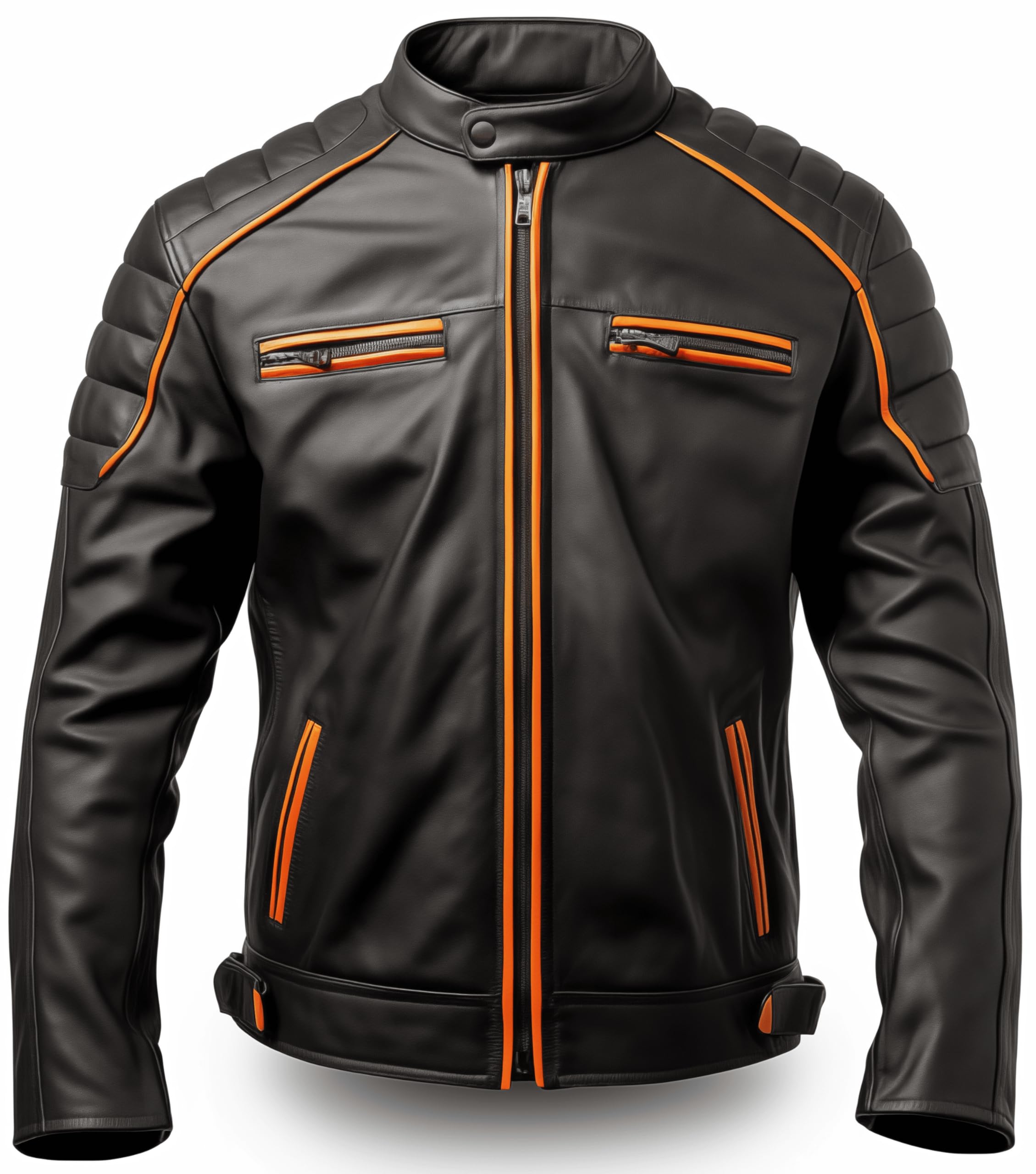 Men's Premium Black Leather Jacket, Orange Outline, Slim Fit Motorcycle Biker Coat, Zip-Up Central Pocket, Stylish