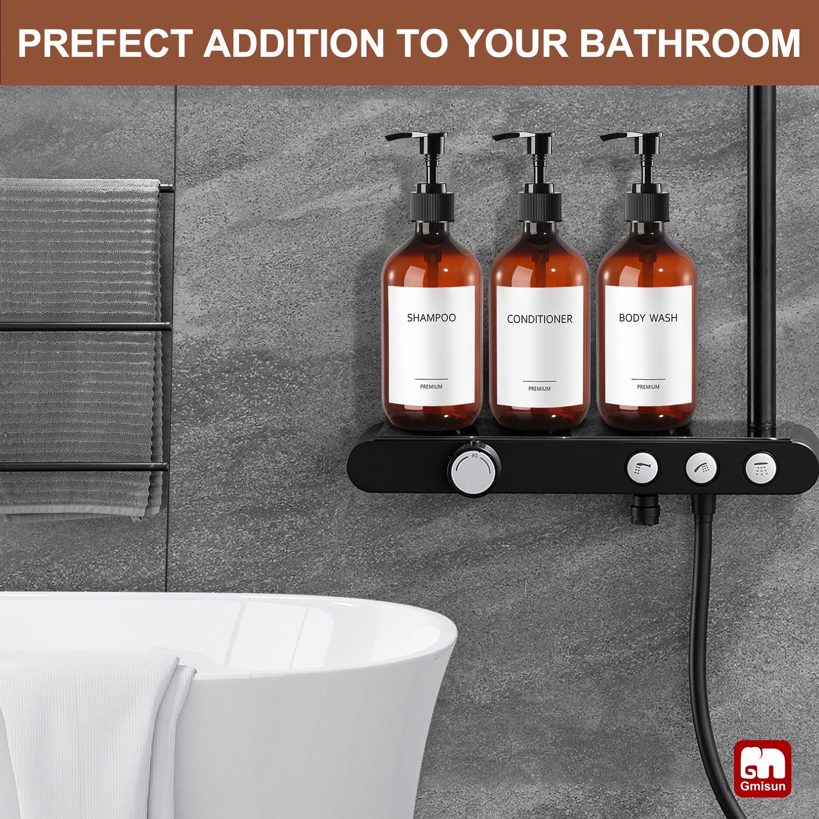 GMISUN Shampoo and Conditioner Dispenser, 500ml Plastic Amber Soap Dispenser for Bathroom 3Pcs Shower Gel Dispenser - Image 4
