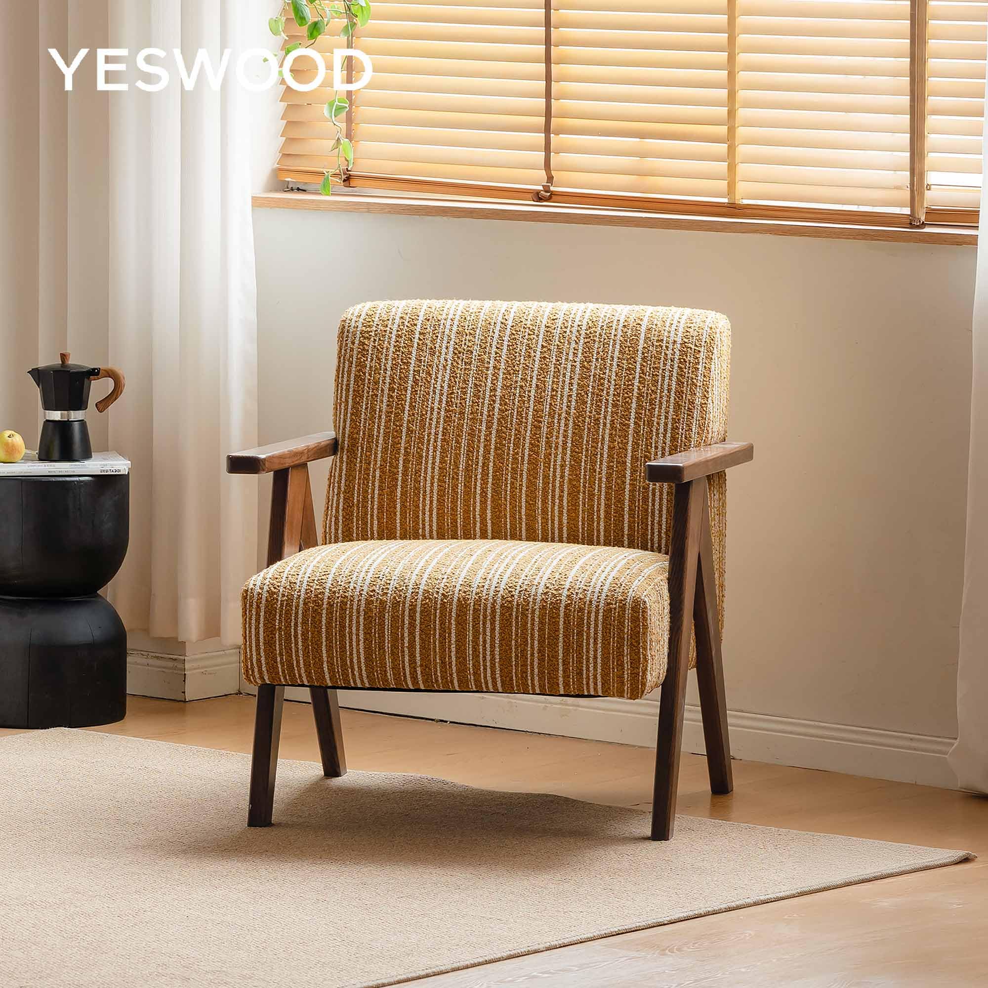 YESWOOD Sessel Wohnzimmer, Gepolsterter Loungesessel mit Massivholzrahmen, Stilvoller Lesesessel für Wohnzimmer, Schlafzimmer & Balkon, Gelb/Weiß Streifen – 79T x 74B x 82H cm