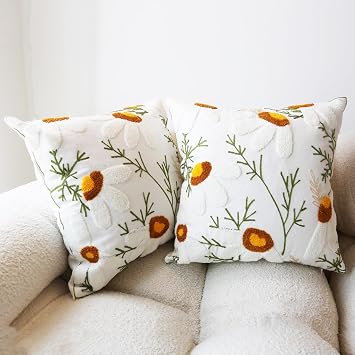 2PCS Embroidered Throw Pillow Cover 18x18 Inch Boho Beige Daisy Floral Pillow Covers for Couch Sofa Cotton Linen Bohemian Tufted Pillow Covers White Flowers Botanical Pillowcase Covers