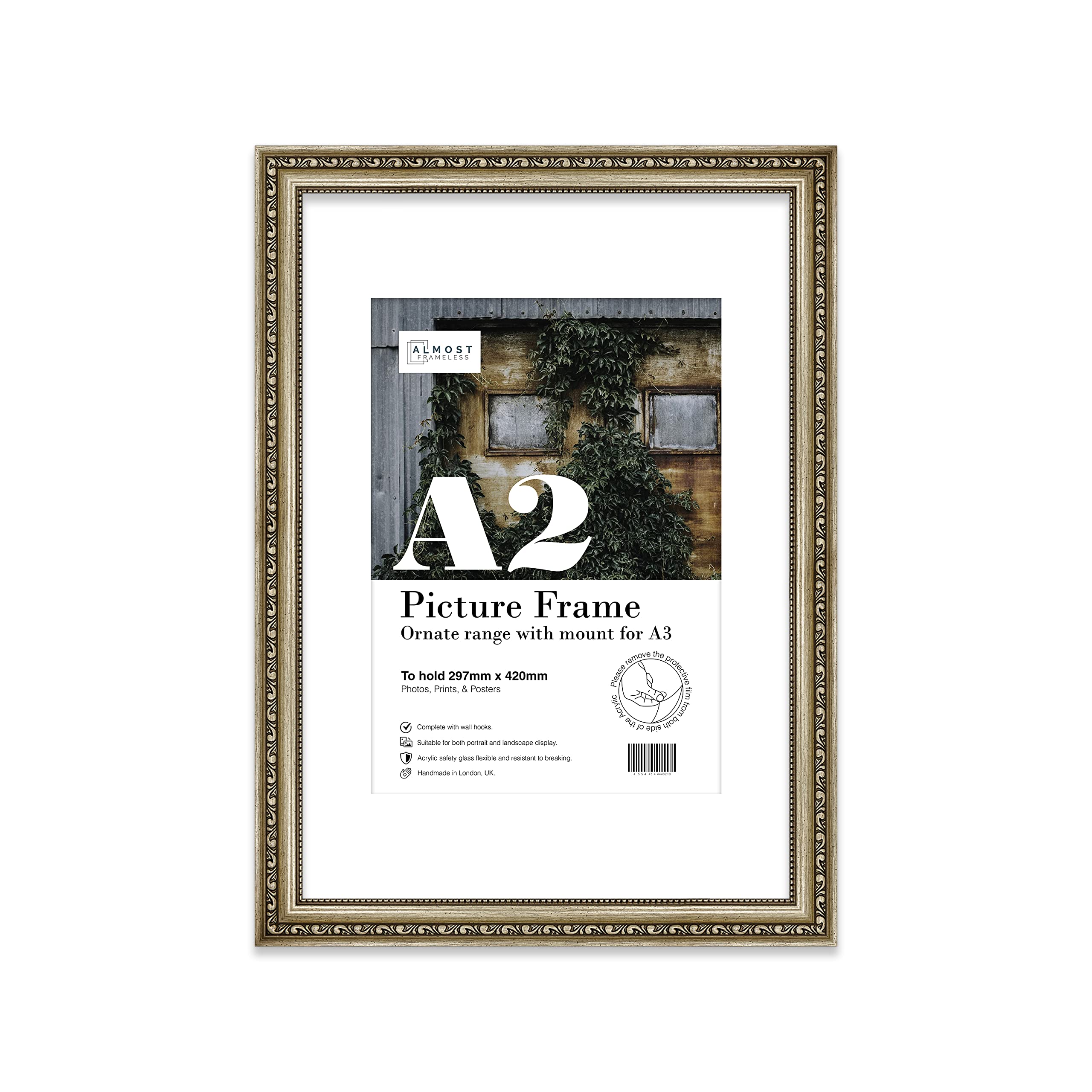 Almost Frameless A2 Champaign Ornate Picture Frame With White Mount for A3 (29.7 x 42cm - 11.7 x 16.5in) Poster, Photo, Artwork, or Print. Opulent Style Portrait and Landscape Display with Wall Hooks