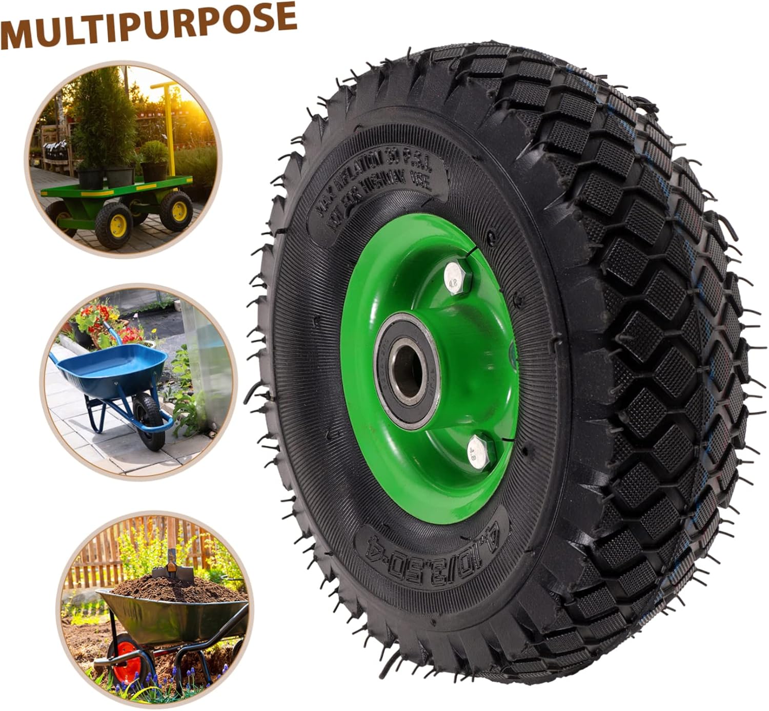 VICASKY 10-Inch Inflatable Rubber Tire for Garden Cart Mute Replacement Wheel Compatible Lawn Mowers Hand Trucks and Generators Flat-Free Design