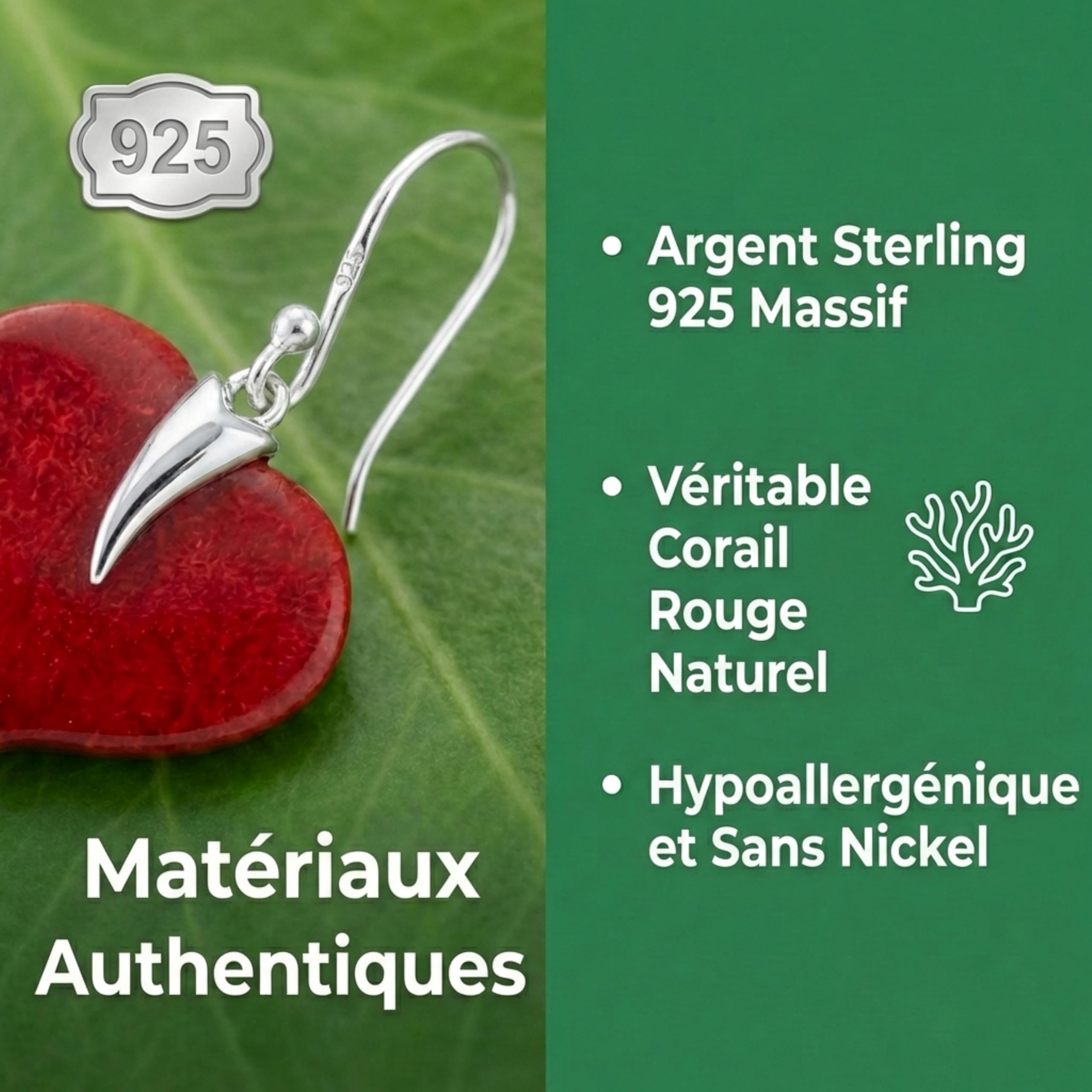 Aden Boucles Oreilles Argent 925 Corail Rouge Cœur Crochet
