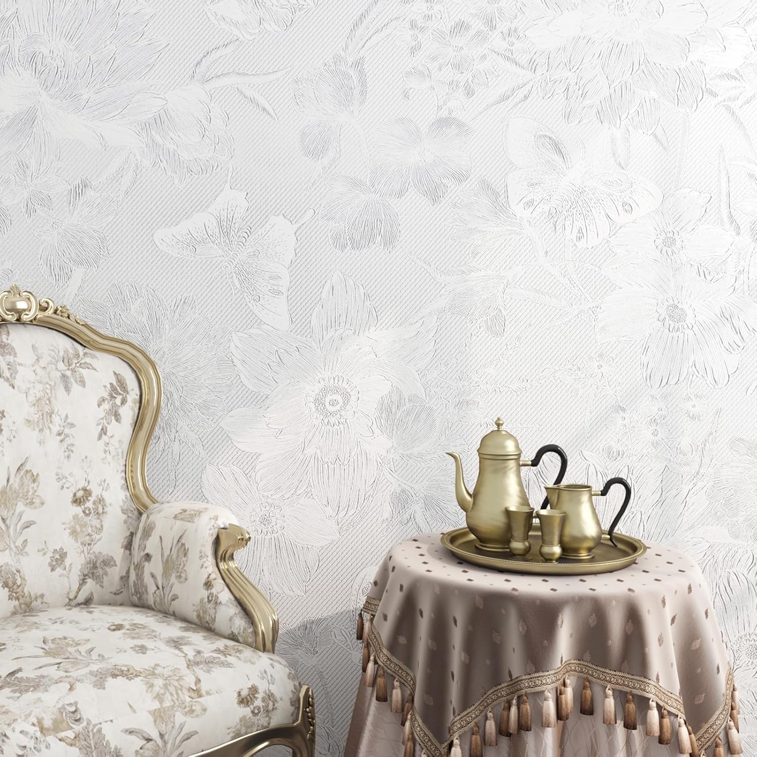 Papier peint adhésif blanc fleuri 40cmx6m pour meuble et mur