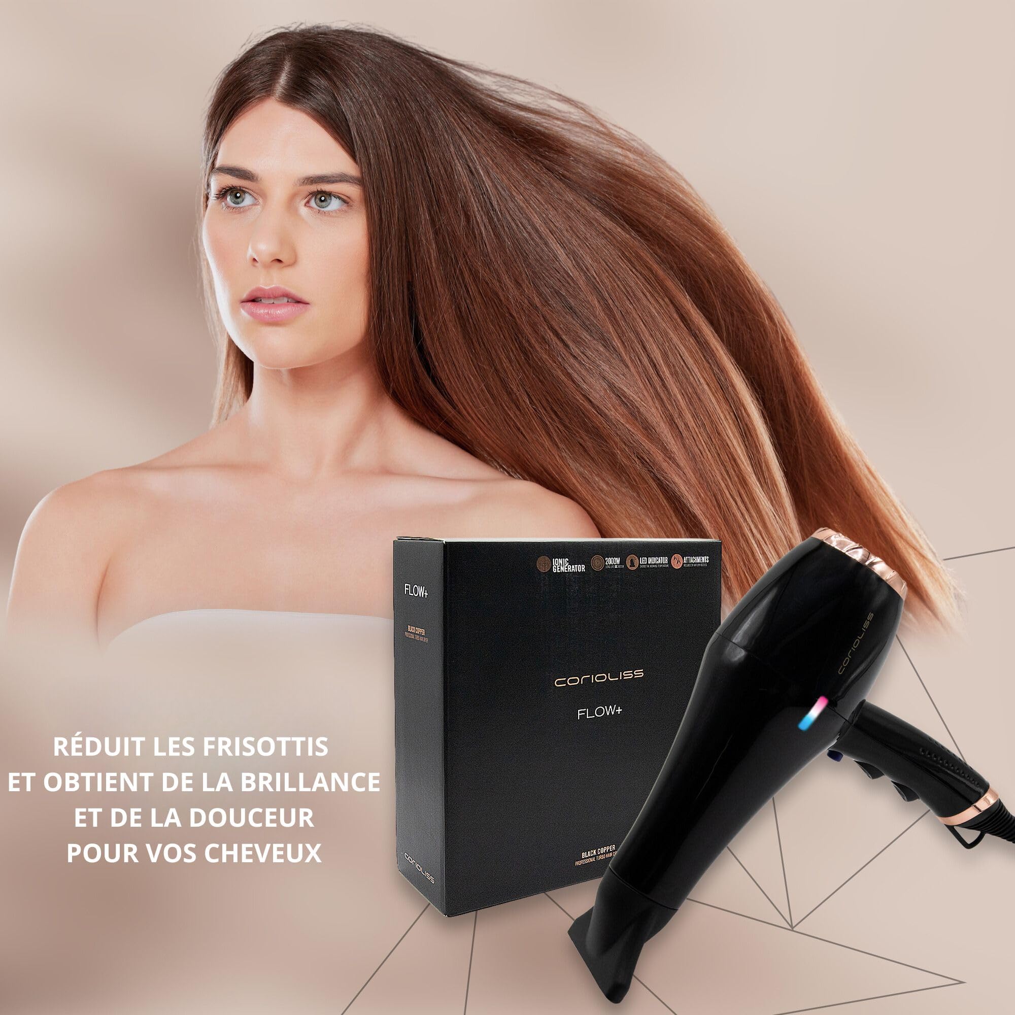 Corioliss Sèche-Cheveux Professionnel Ionique FLOW+ Black Copper 2000 W avec 3 réglages de température et 2 vitesses.