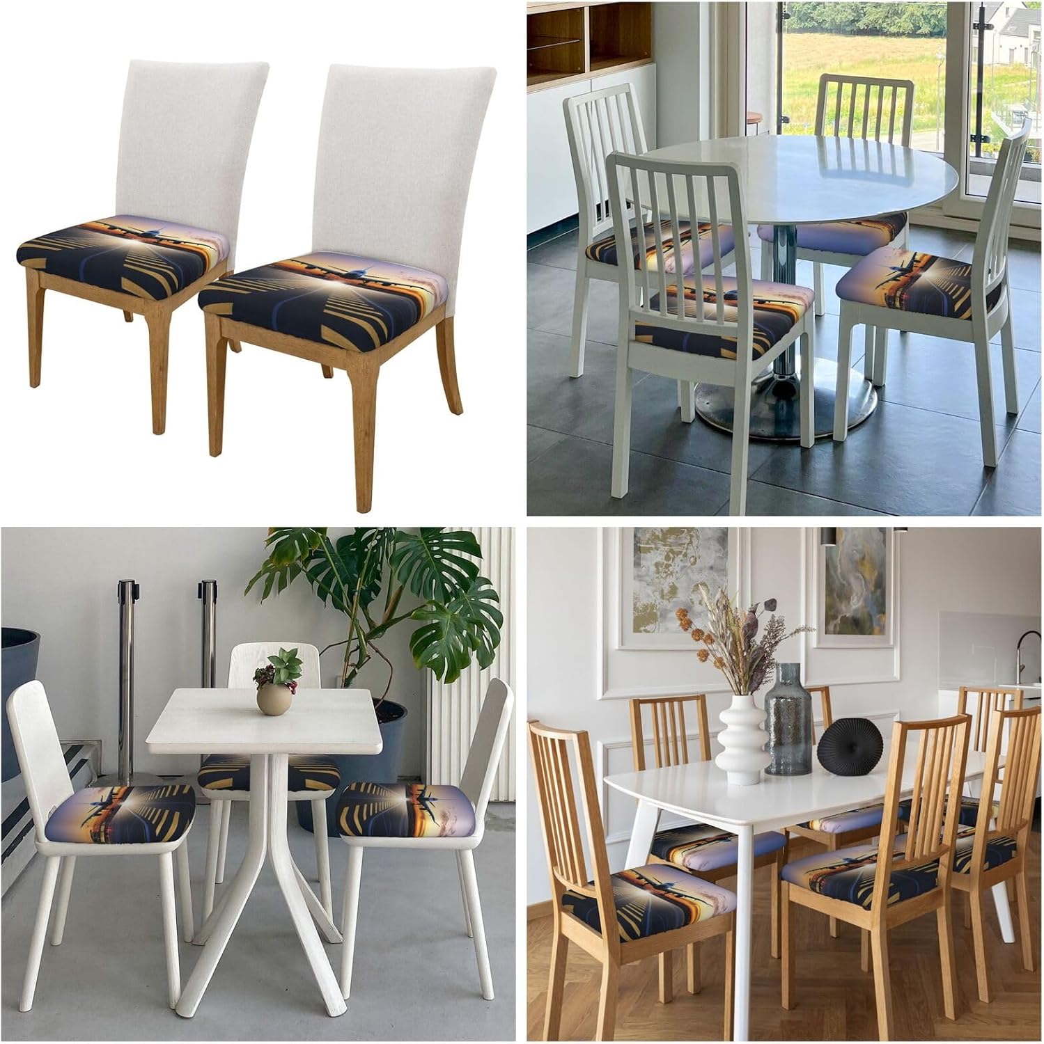 2PCS Stretch Seat Covers Set, Airport Chair Covers for Dining Room, Square Chair Seat Slipcovers with Ties, Removable Washable Dining Chair Protector Seat Cover for Kitchen Office