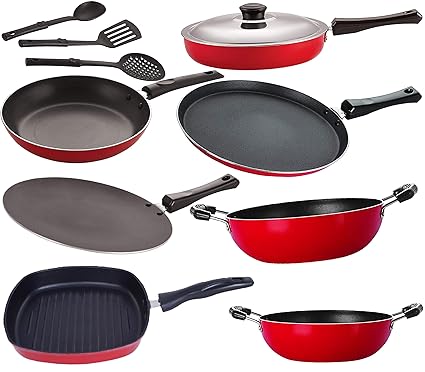 Nirlon Non-Stick Aluminium Cookware Set with Spoon, Red & Black, 10-Pieces [FT12_CT12_FP12_KD12_KD14_TP_GP24_3SPN]