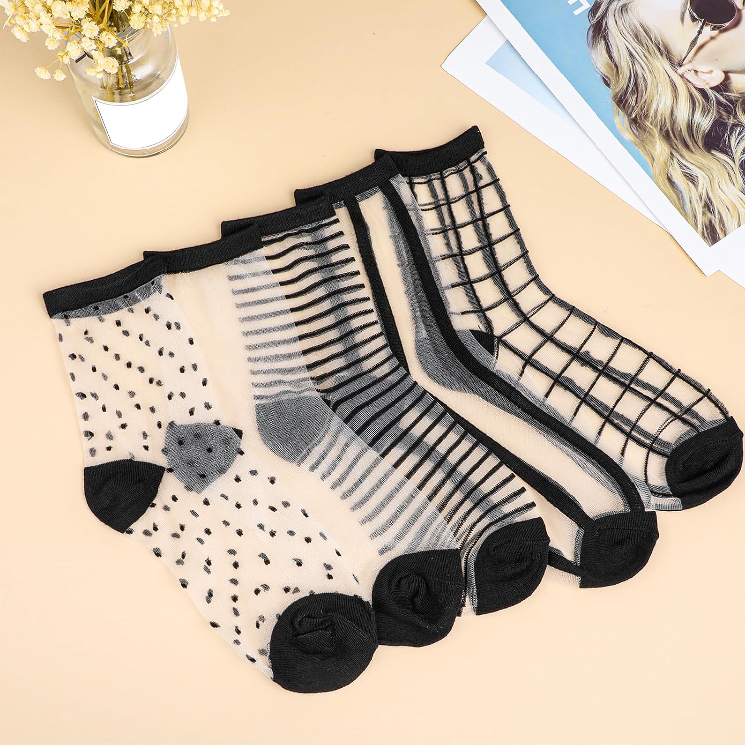 Lusofie 5Pairs Sheer Ankle Socks Black See Through Socks Striped Plaid Dot Cute Transparent Socks for Women Girls image 4