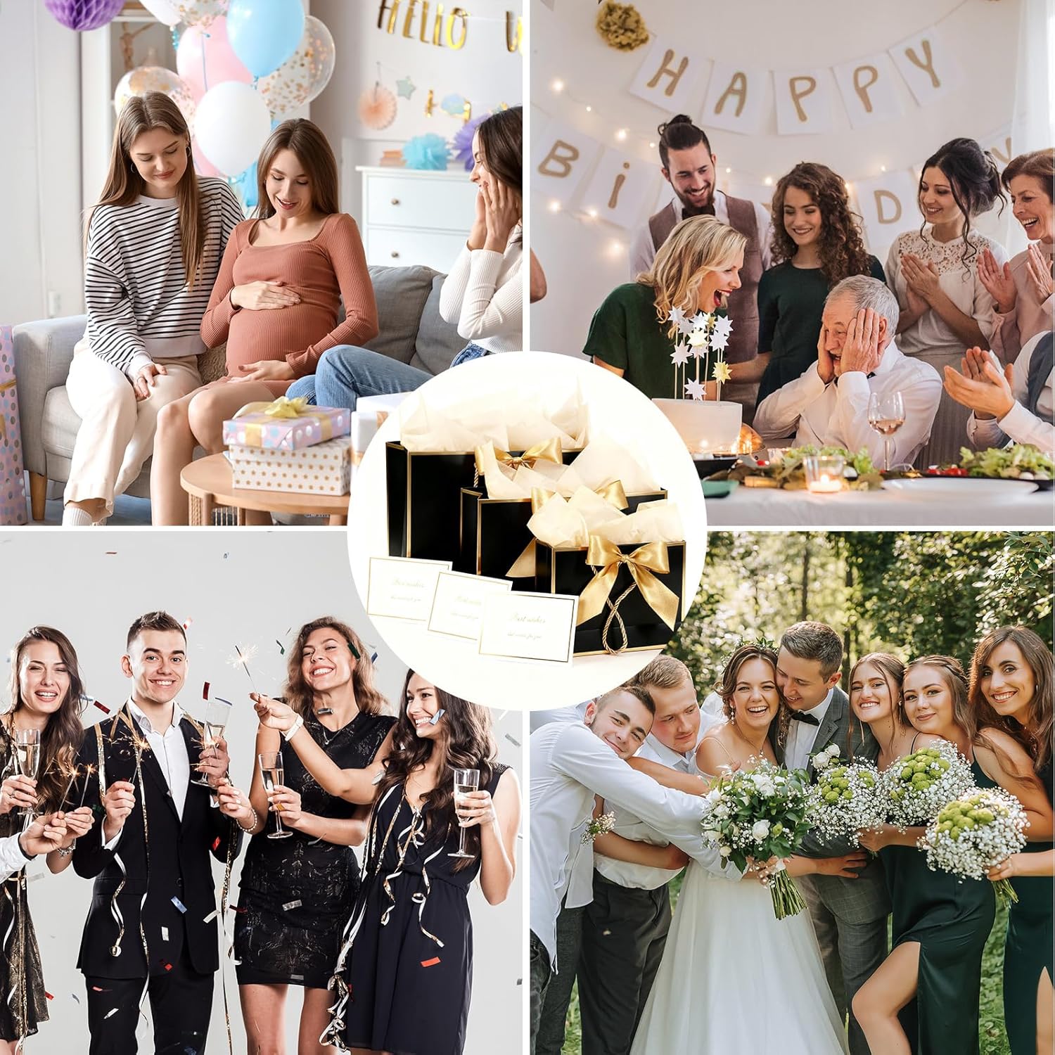 Maitys 10 Set Black Gold Gift Bags Assorted Sizes with Ribbon Greeting Card Tissue Paper (3 Large 12.6", 3 Medium 11", 4 Small 7.5") Thank You 5 Senses Gift Bag for Valentines Day Anniversary Birthday - Image 5