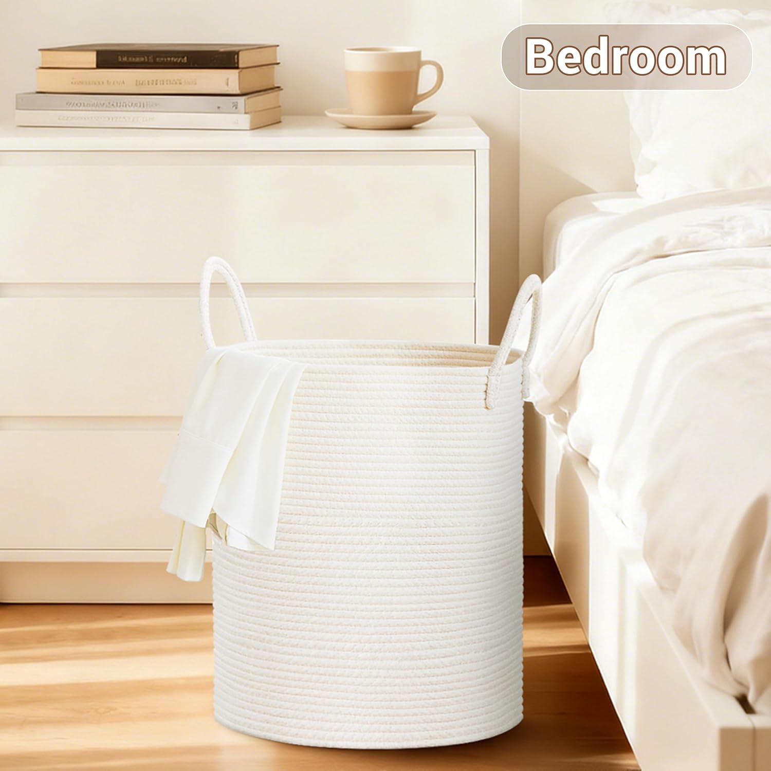 Tall Laundry Basket with Handles, 53L Portable Dirty Clothes Hamper, Boho Cotton Rope Storage Bin for Blankets Kids Toys Gifts, Decorative Organizer for Baby Nursery Bedroom Bathroom, White