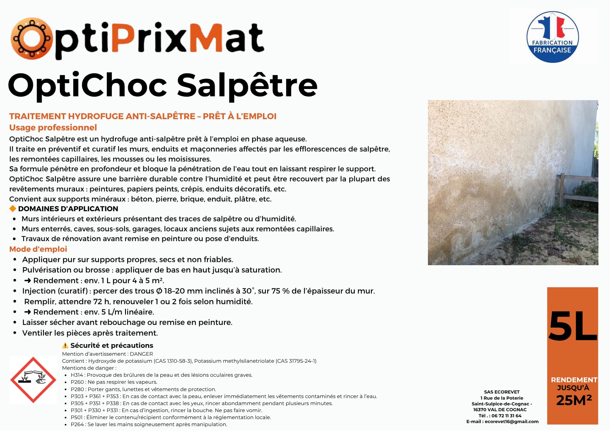 OPTICHOC SALPÊTRE – Traitement Hydrofuge Anti-Salpêtre Intérieur/Extérieur – Stoppe l’Humidité et les Remontées Capillaires – Prêt à l’Emploi – Incolore et Inodore – Bidon 5L (≈25 m²)