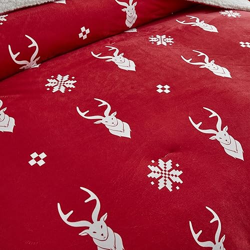 Miniatura 8 de Juego de edredón de franela de Navidad, tamaño Queen, diseño de ciervos rojos y blancos, juego de ropa de cama de 3 piezas para el invierno, edredón