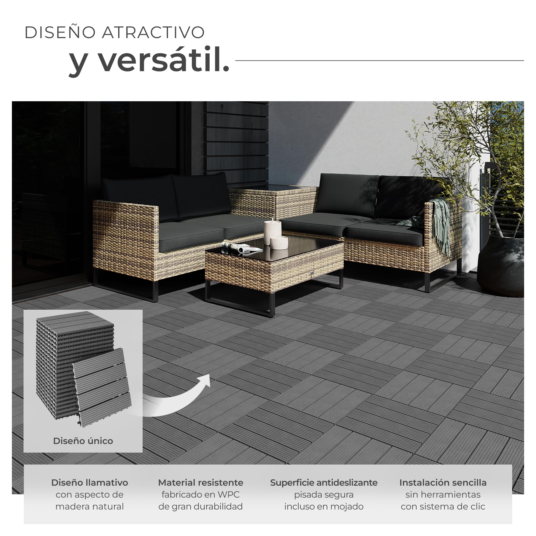 tectake® Set Baldosas Jardín Exterior con 4 Tablones, 31 x 31 cm, Suelo Terraza Exterior Resistente, Suelo para Jardín con Base de Rejilla y Drenaje, área de 1,0571 m2 - Juego de 22 Gris — view 3