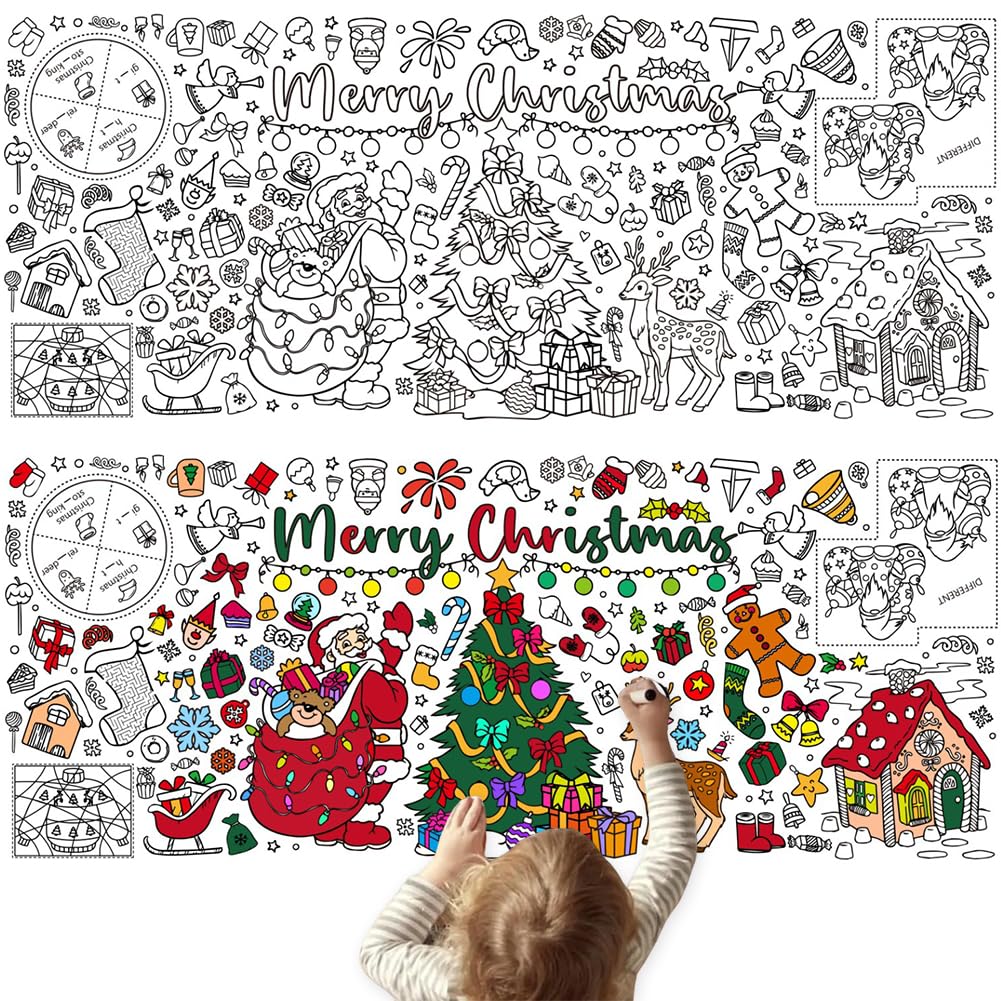 HAJXXMM Christmas Coloring Tablecloth, Christmas Giant Coloring Poster, Colouring Sheets for Kids Party for Kids Boys Girls Craft Birthday Party Favors Supplies